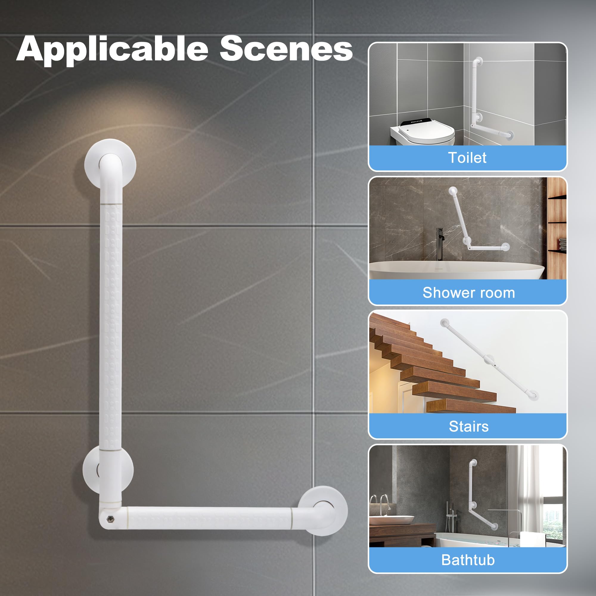 Maniglione Angolato Regolabile 0-180° 60x40cm, Corrimano Sicurezza Bagno in Acciaio Inox con Impugnatura Antiscivolo e Anelli Luminosi per Anziani, Disabili, Doccia/Vasca