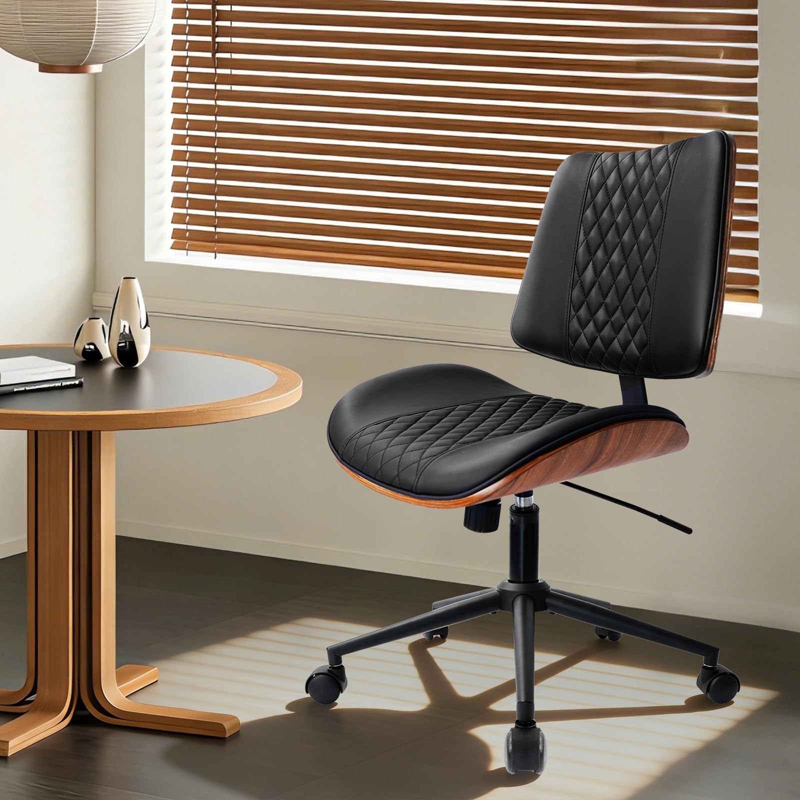 Durrafy Bürostuhl ohne Armlehnen, PU-Leder Schreibtischstuhl mit Walnusssockel, Moderner Drehstuhl für Homeoffice, höhenverstellbar mit Wippfunktion, bis 136 kg belastbar, 360° drehbar, Schwarz-Braun