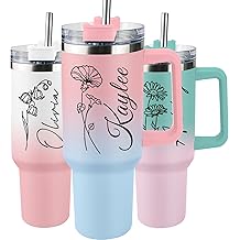 Personalized 40 Oz Tumbler with Handle and Straw, Custom Cup with Name & Birth Flower, Stainless Steel Travel Coffee Tumbler,Personalized Christmas Birthday Gifts for Women, Teen Girls