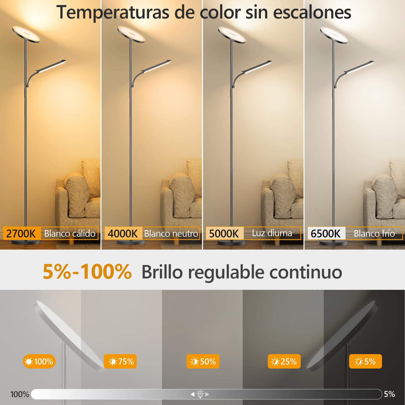 Lámpara de Pie LED Regulable de 42W, Lamparas de Pie Para Salon Superbrillante de 4000 LM Para Sala de Estar Con Luz de Lectura, Ajuste de temperatura de color y brillo (42W)