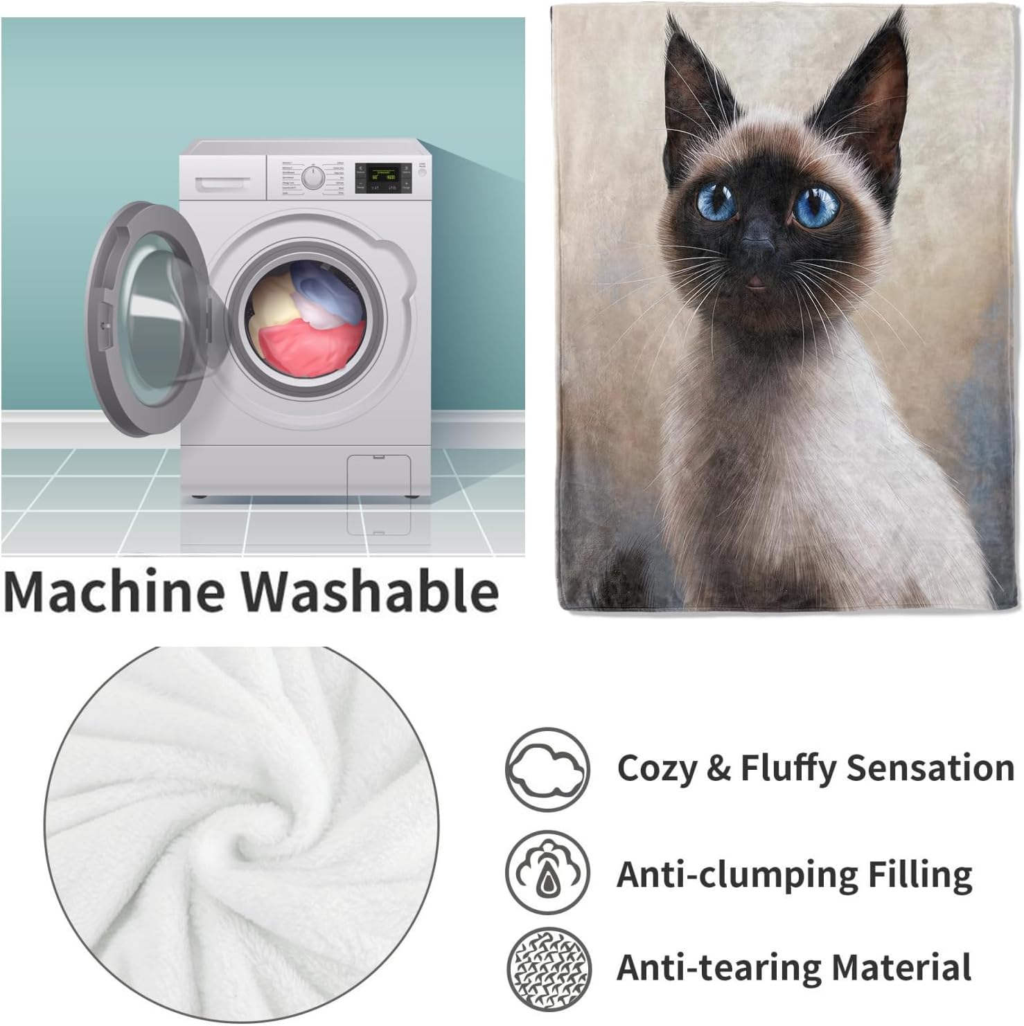 Siamese Cat Throw Blanket Gifts, Soft Cozy Fleece Blanket with Realistic Cat Print, Lightweight Warm Blanket for Couch Bed Sofa, Perfect for Cat Lovers and Pet Decor, 60x80 in