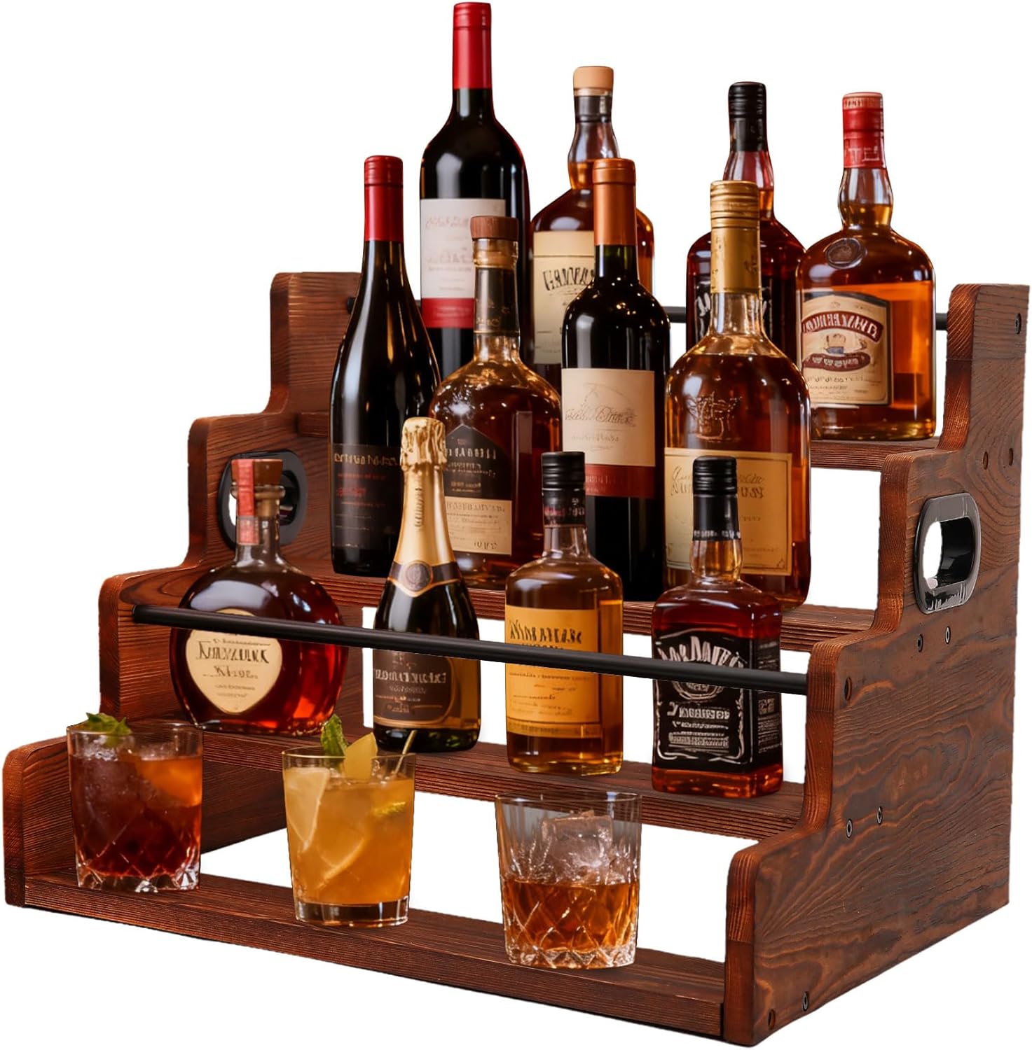 4-Tier Wood Bottle Display Shelf, Modern Liquor Bottle Rack Organizer, Brown Countertop Wine Rack Bar Stand Essentials for Liquor Storage