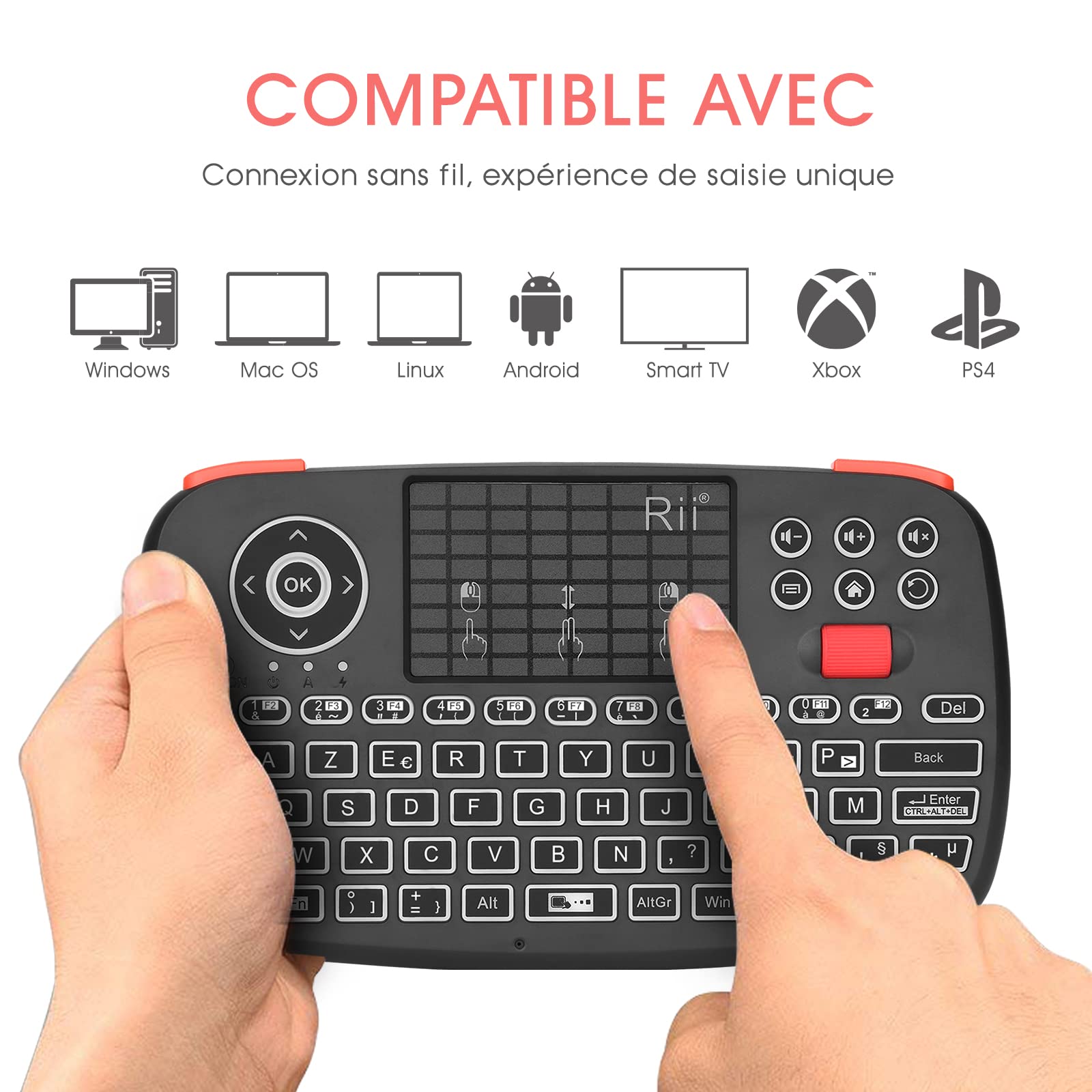 Rii i4 Mini Clavier sans Fil Bluetooth & 2.4 GHz (AZERTY) avec pavé Tactile, LED Backlit, Batterie Rechargeable pour iOS Windows Android tablettes, Raspberry Pi2, Linux et Ordinateur