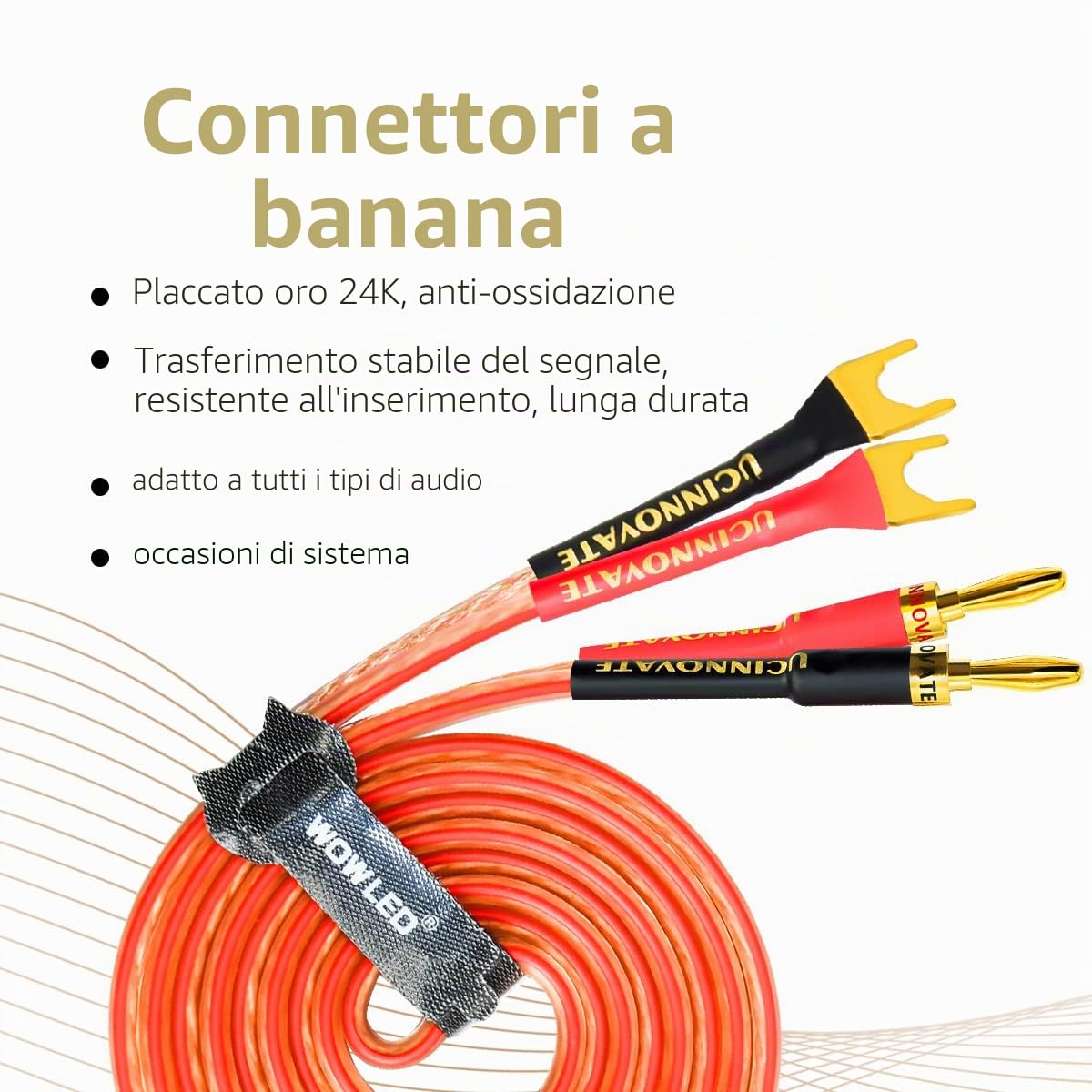 Set di 2 cavi per altoparlanti HiFi con forchetta a U placcata in oro per altoparlante e amplificatore audio 2 m