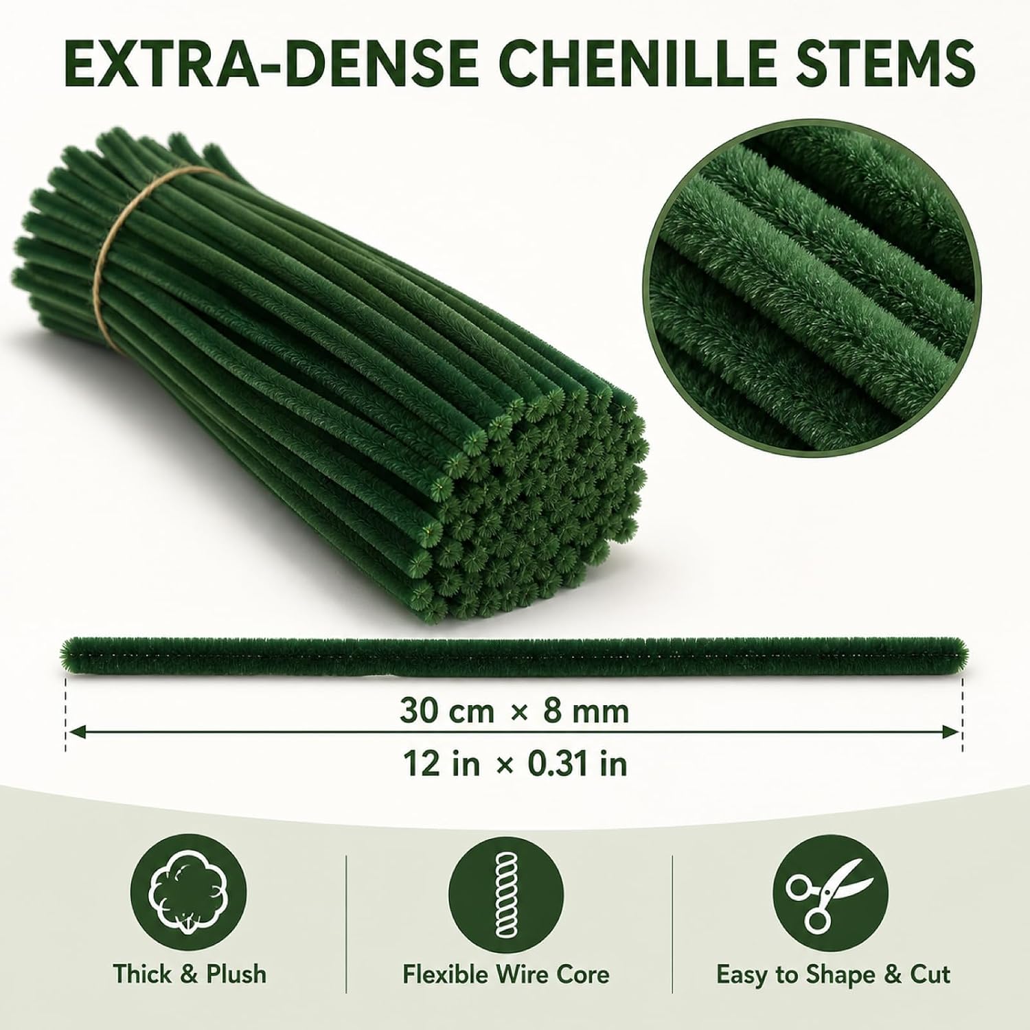 MAOSIYUE Green Pipe Cleaners Bulk, 500 Stems and 100 Pom Poms, 30 cm x 8 mm