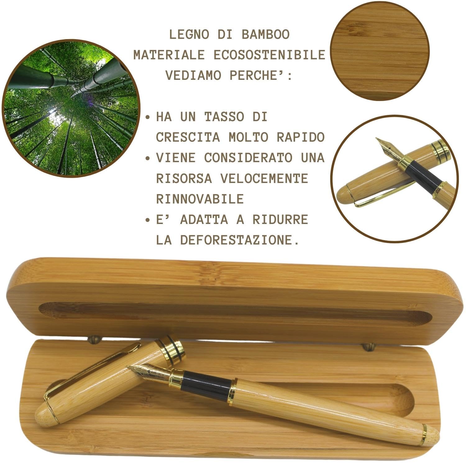 Amore Legno Sforza Penna Stilografica Elegante, Regalo Uomo Donna Laurea Compleanno con Frasi Motivazionali, Scatola Bamboo