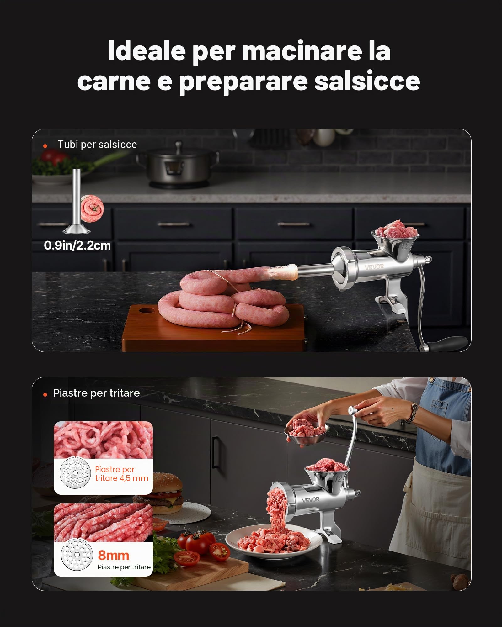 VEVOR Tritacarne Manuale in Acciaio Inossidabile 304 Fissaggio a Morsetto da Tavolo per Preparazione di Salsicce Salumi Polpette, Tritacarne Manuale da Tavolo Acciaio Inox Uso Alimentare Calibro #12