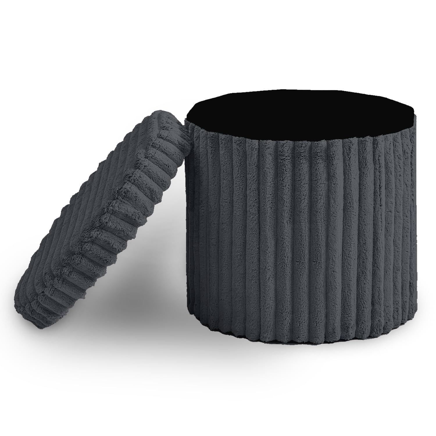 GC GAVENO CAVAILIA Ribbed Round Storage Ottoman With Removable Lid | Storage Box Bunch Stool Footrest | Hidden Storage Foldable Stool Living Room, Bedroom 40x40x37cm, Charcoal