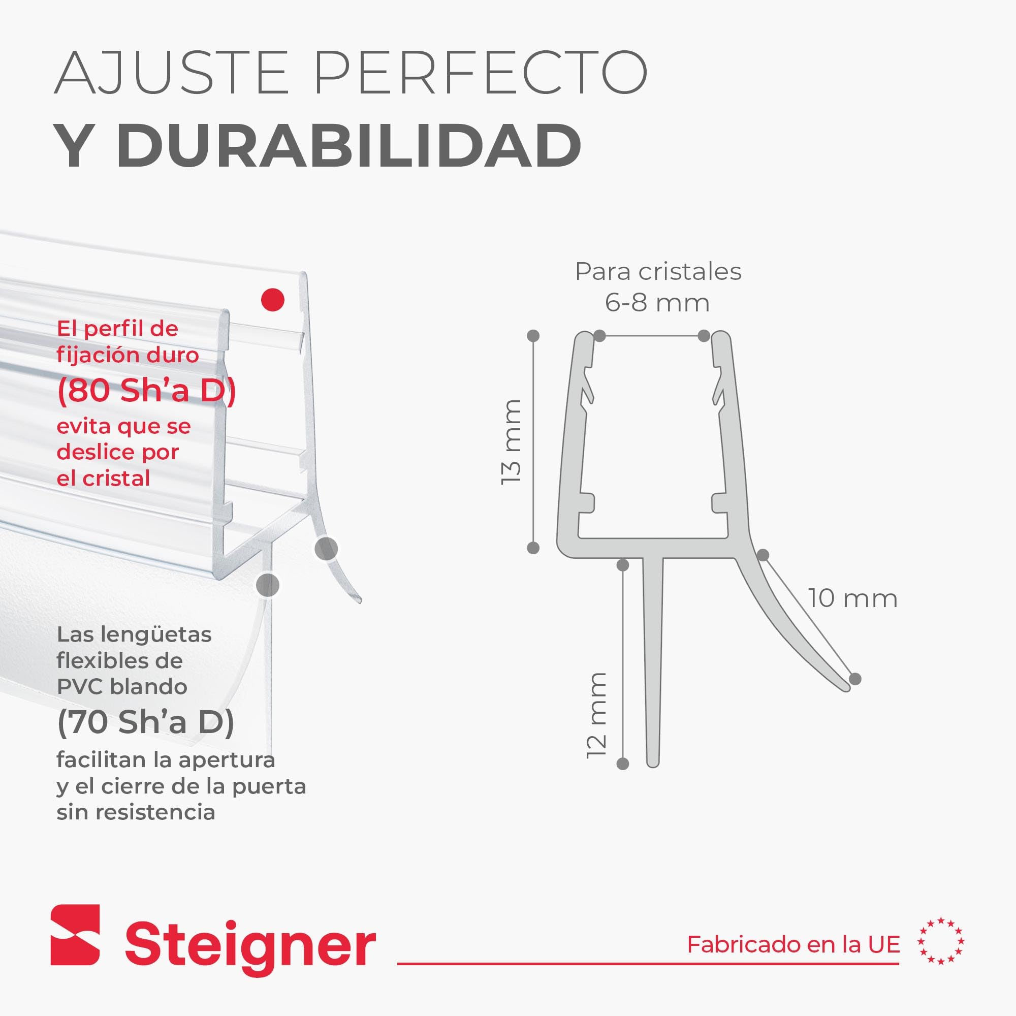 STEIGNER Junta mampara ducha UK03 80 cm (1 ud.) transparente - Junta vertical para ducha angular o pentagonal con puerta 6-8 mm - Protección contra fugas, Ajuste perfecto, Fácil instalación