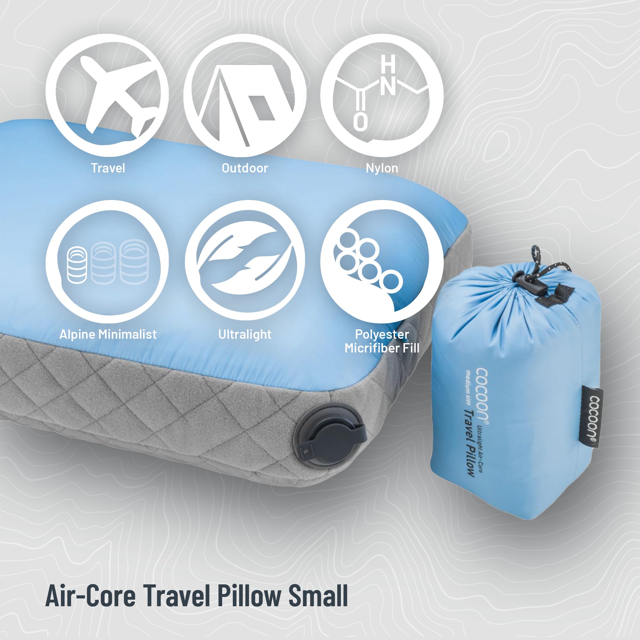 Cocoon Air-Core Oreiller ultraléger Bleu Clair/Gris 28 x 38 cm | Support réglable gonflable, léger et compact, coque douce et confortable pour le camping, les vols et les voyages en voiture