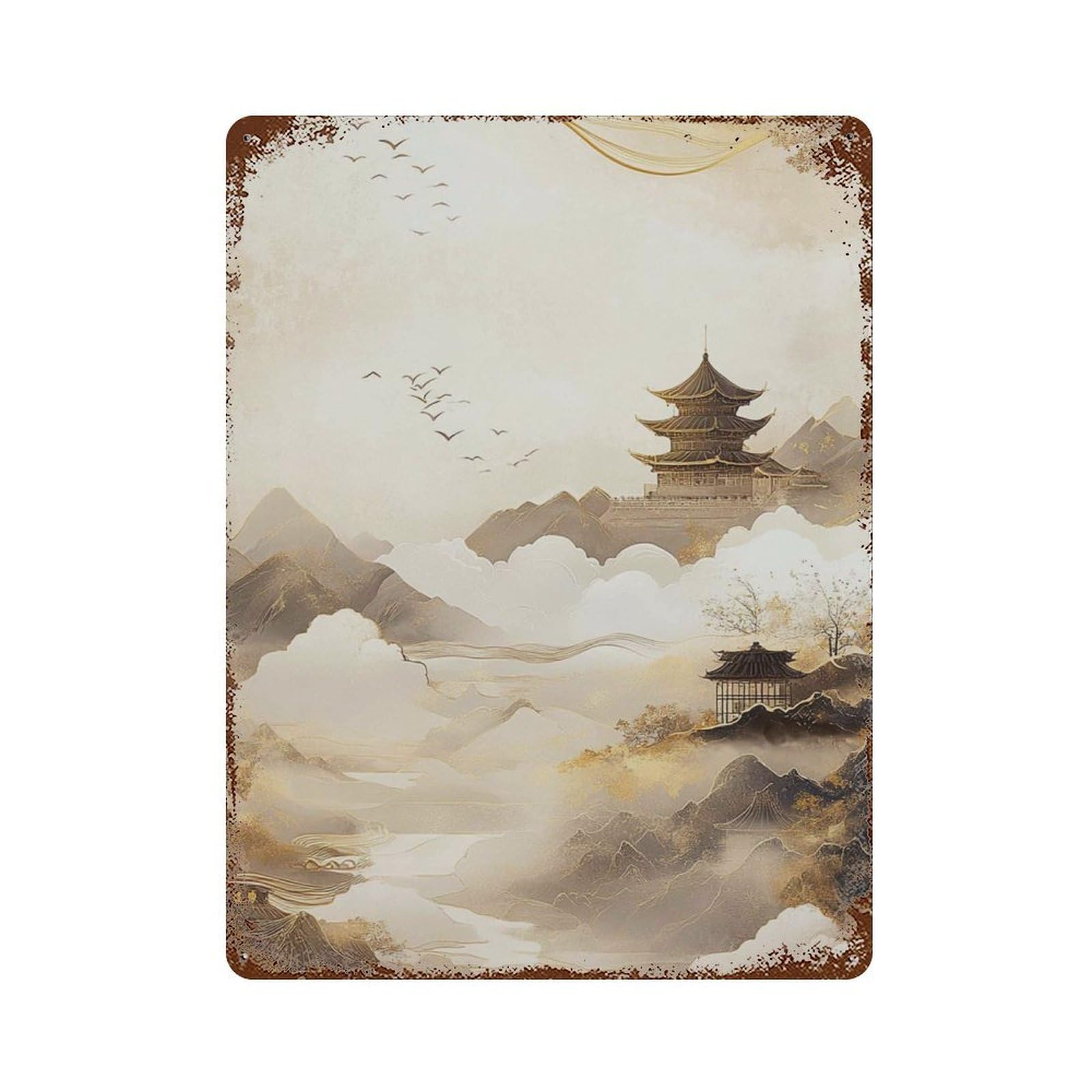 xiaoxiaoshen Golden Japanese Landscape Zen Pagoda Mountain Minimal Oriental Modern Wall Decor Art Metal Tin Poster Modern Home Decor Art Home Bar Shop Decorations Vintage Sign 40x30cm