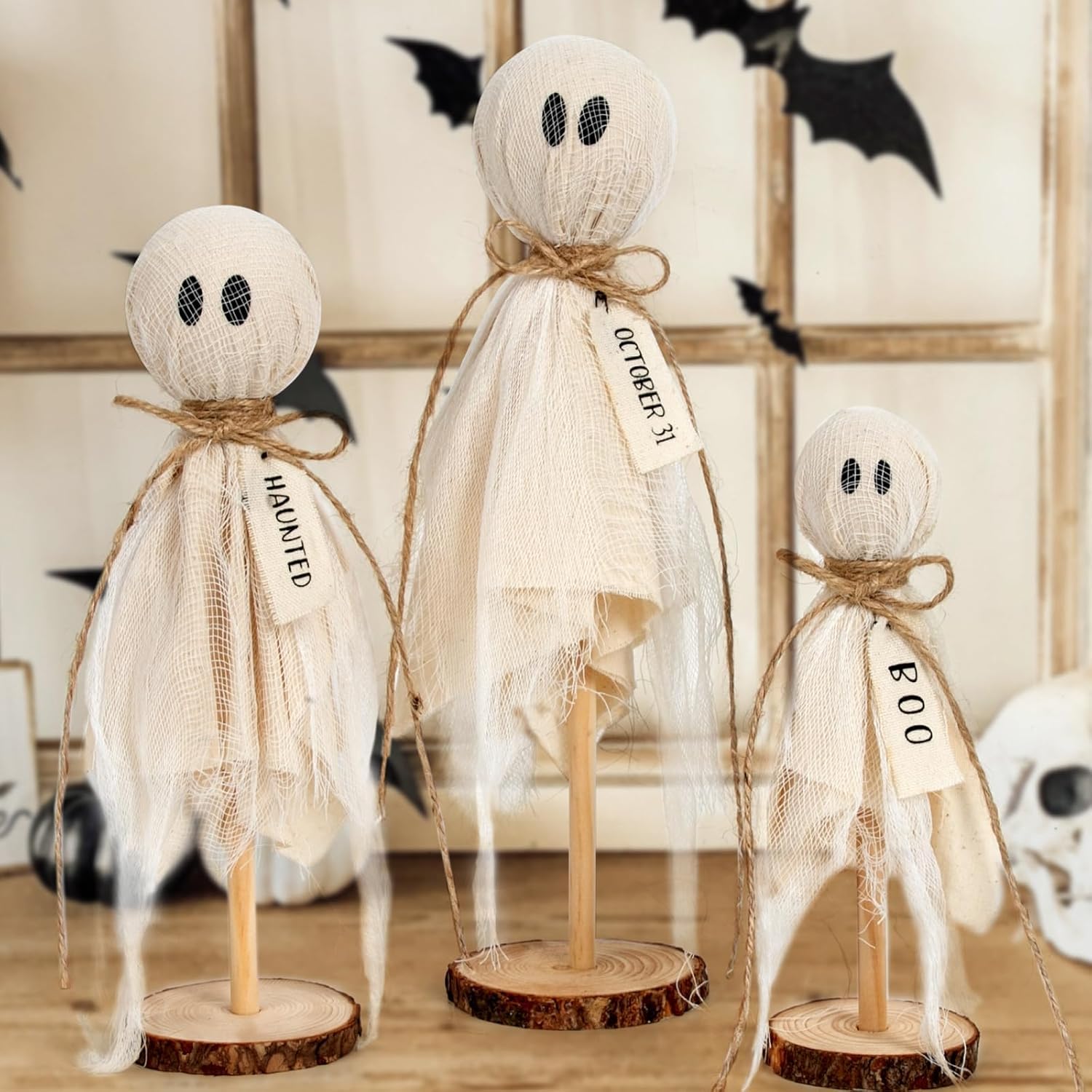 SYOSI Halloween Decorations Indoor - Set of 3 Primitive Halloween Ghosts on Wooden Stand for Table Centerpieces, Shelves, and Mantels - Spooky Halloween Decor