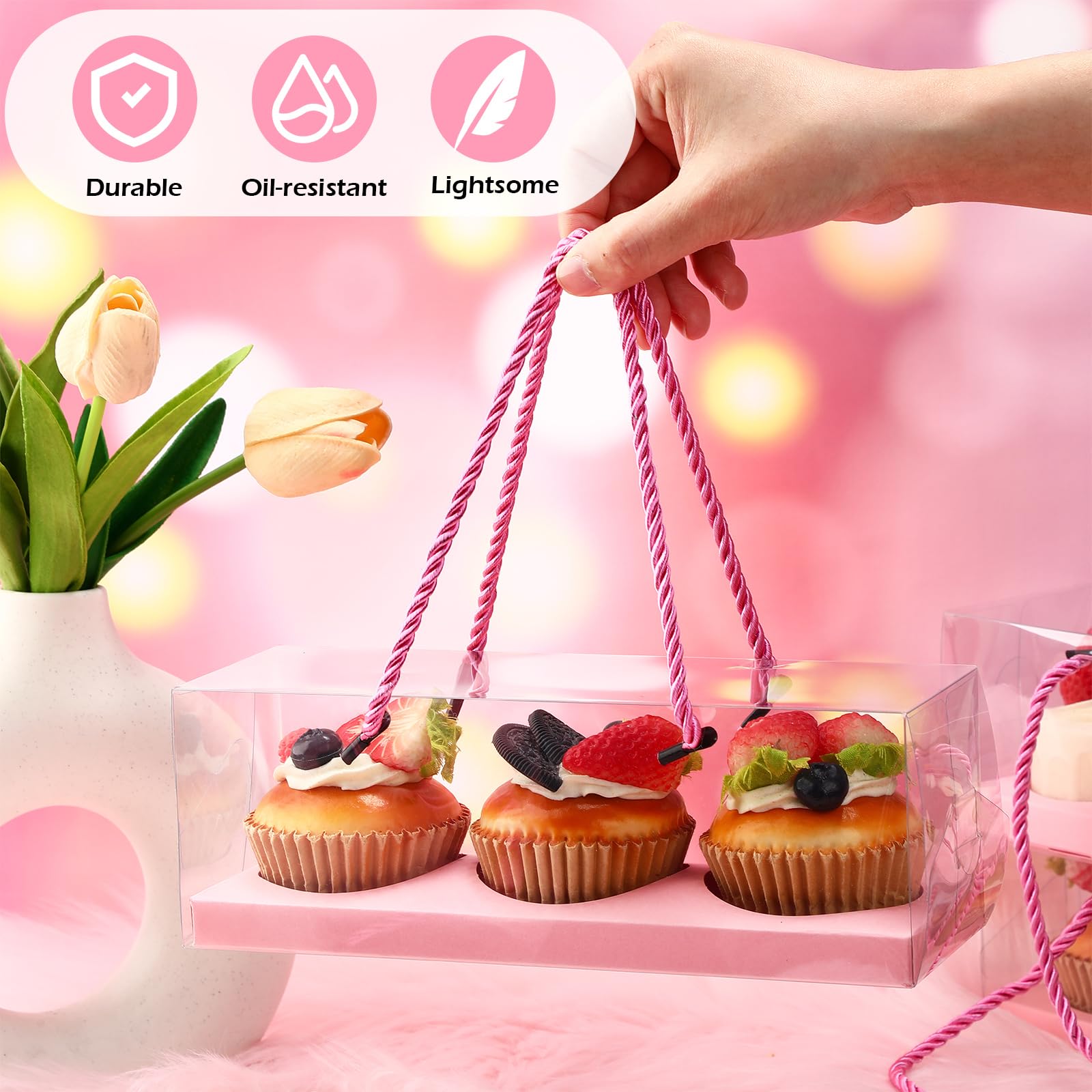 Thenshop 20 transparente Cupcake-Boxen, 22,9 x 7,6 x 7,6 cm, tragbare Gebäckverpackung mit Seilgriff, Einsätzen und 3 Fächern, Muffin- Aufbewahrung und Backwaren-Behälter zur Aufbewahrung von