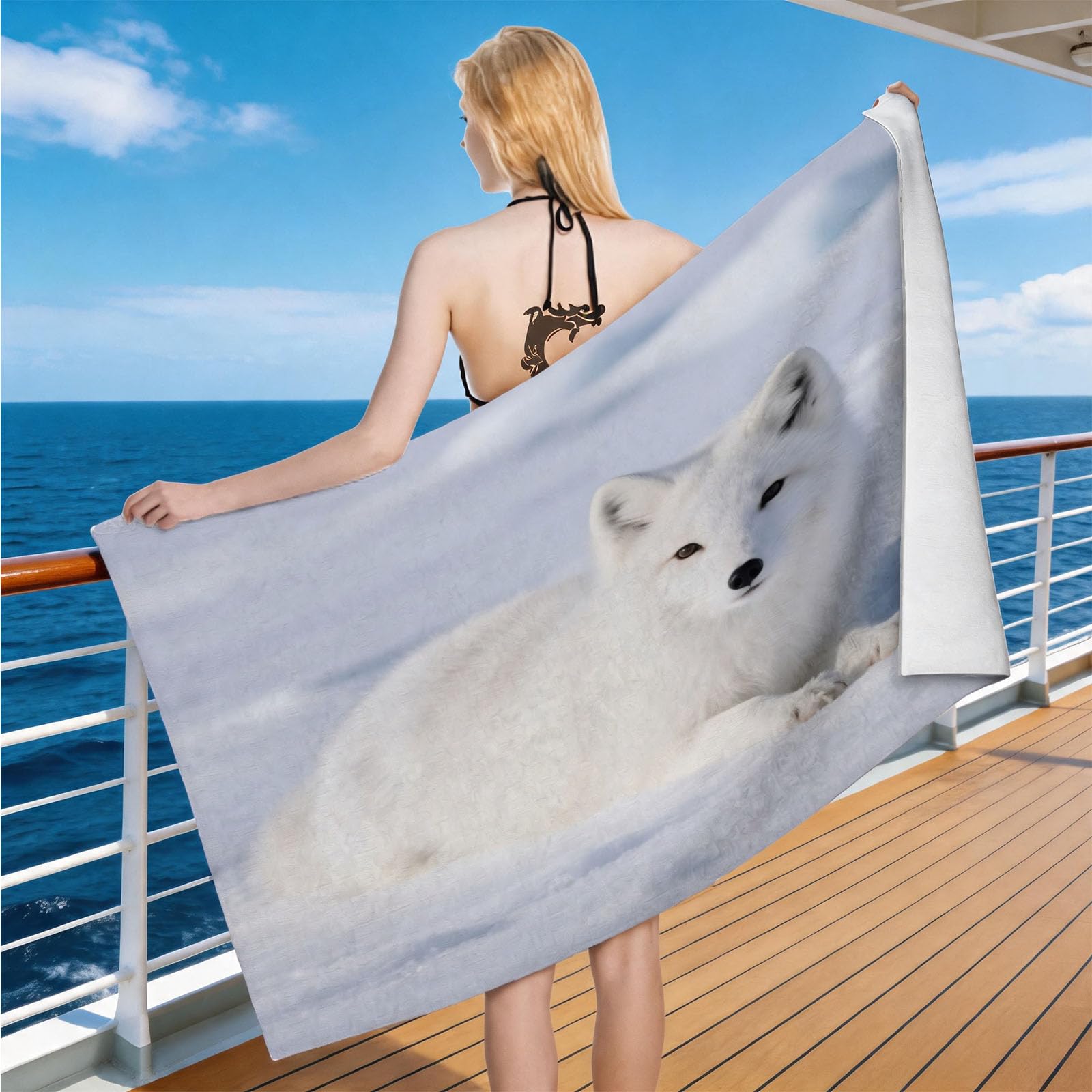 Hongduo Microfiber Quick Dry Beach Towel Arctic White Fox Landscape, 3D Arctic Fox Beach Towels Absorbent Fast Drying Bath Towels, Travel Camping Gym Swimming Bathroom (90x180cm)