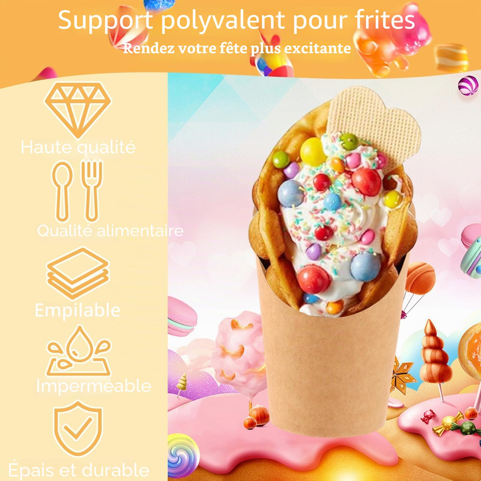 YAYODS Lot de 100 Gobelet en Papier Kraft 14 oz / 410 ml - Cornet de Frites à Bouche Biseautée - Support Snack Étanche et Résistant à l'Huile pour Frites, Popcorn, Gaufres et Glaces