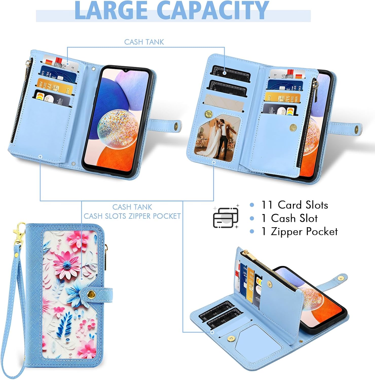 Furiet Floral Wallet Case for Samsung Galaxy S24 Plus/S25 Plus S24+ S25+ 5G with Wrist Strap Shoulder Strap Flip Zipper Purse, Card Holder Phone Cover for S24Plus 24S + S 24 24+ S25Plus 25S 25+ Blue - Image 5