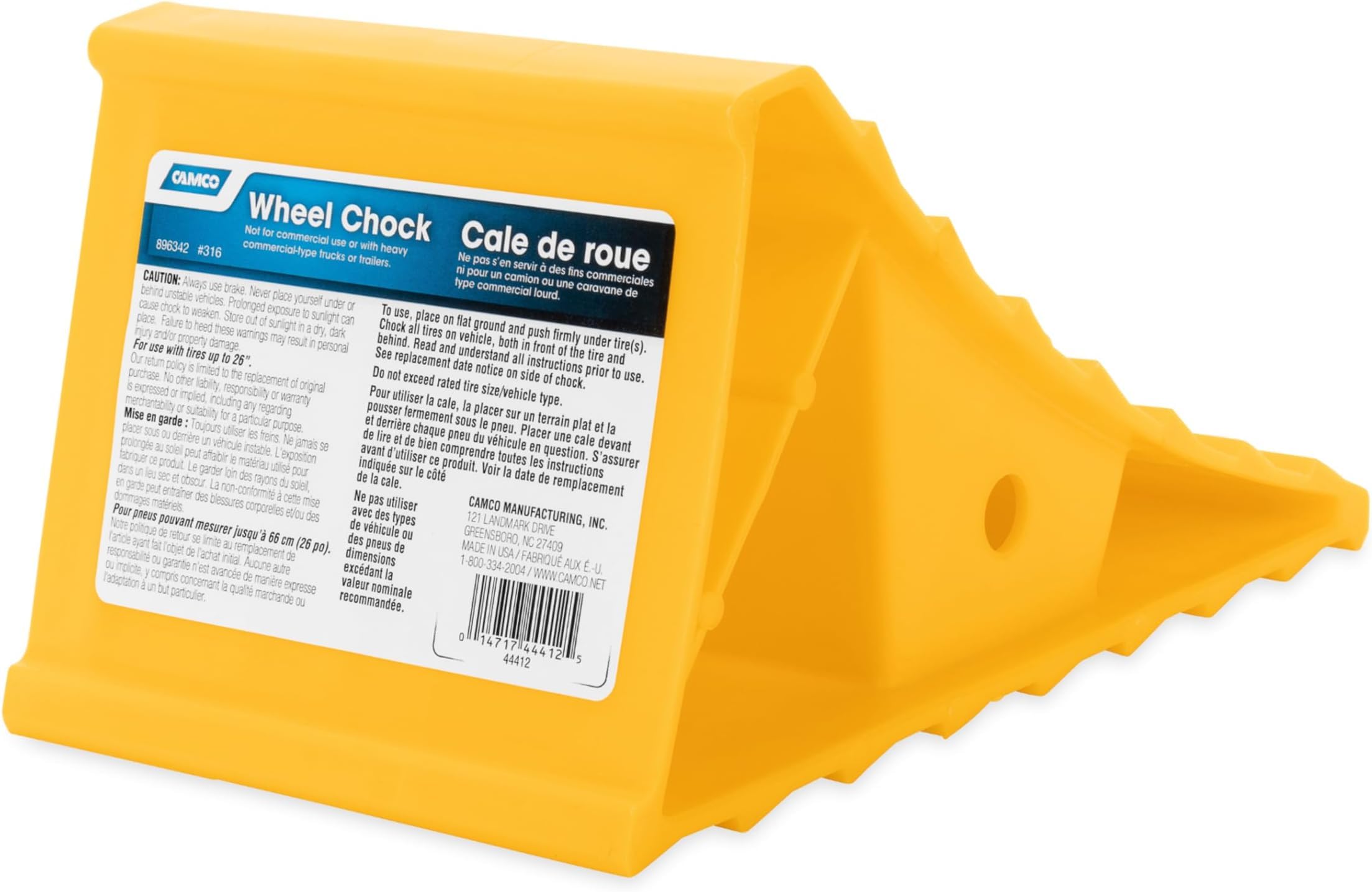 Camco Standard Wheel Chock for Trailers&amp;RVs-Heavy Duty Trailer Wheel Chock Constructed of Durable Plastic w/UV inhibitors-for Use w/Tires Up to 26-inches-Re-Hitch in Confidence-44412,(Pack of 6)