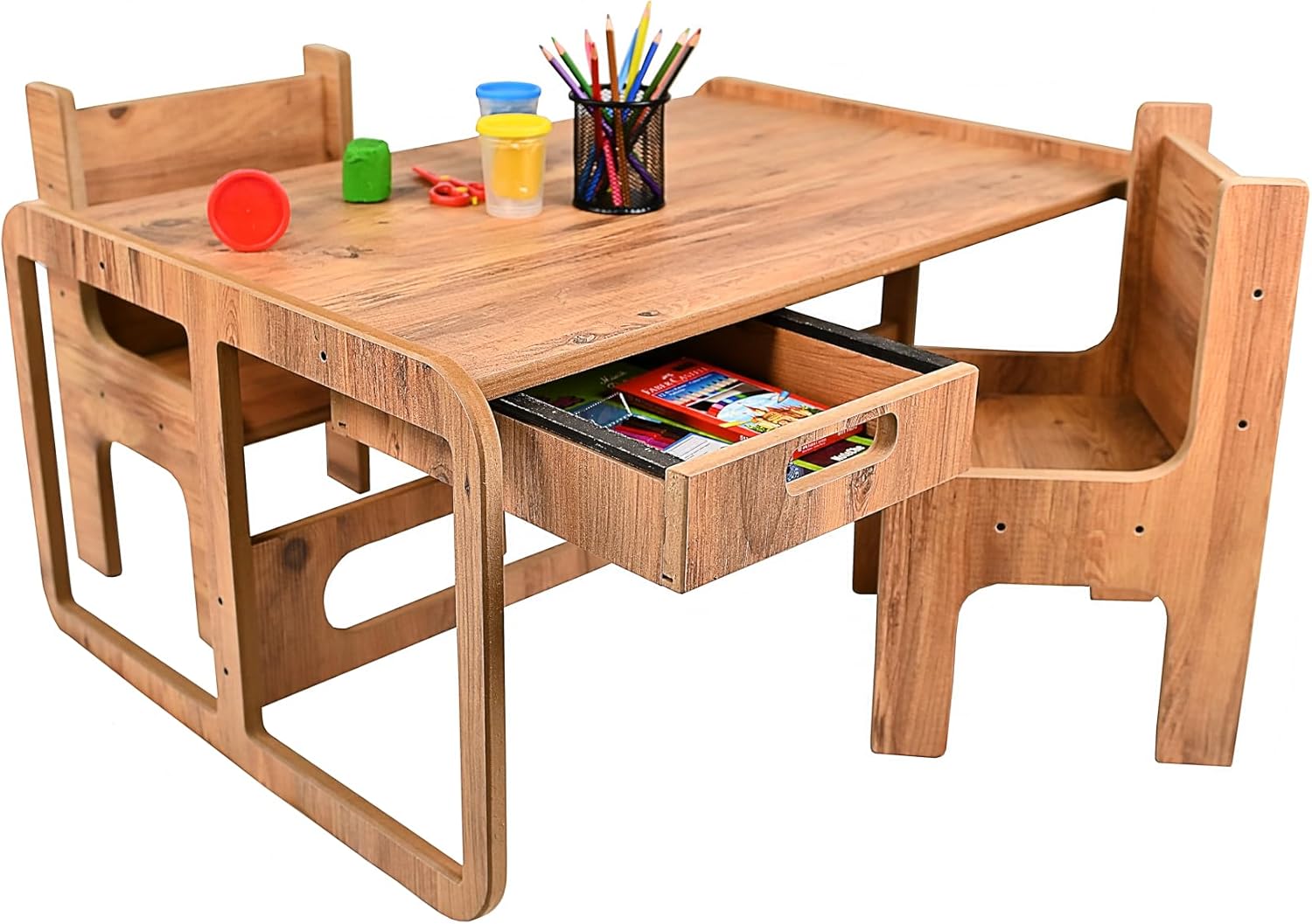 pratikoutdoor İki Kişilik Çekmeceli Ahşap Çocuk Oyun & Aktivite Masa ve Sandalye Takımı - 18mm Ceviz Renk MDF
