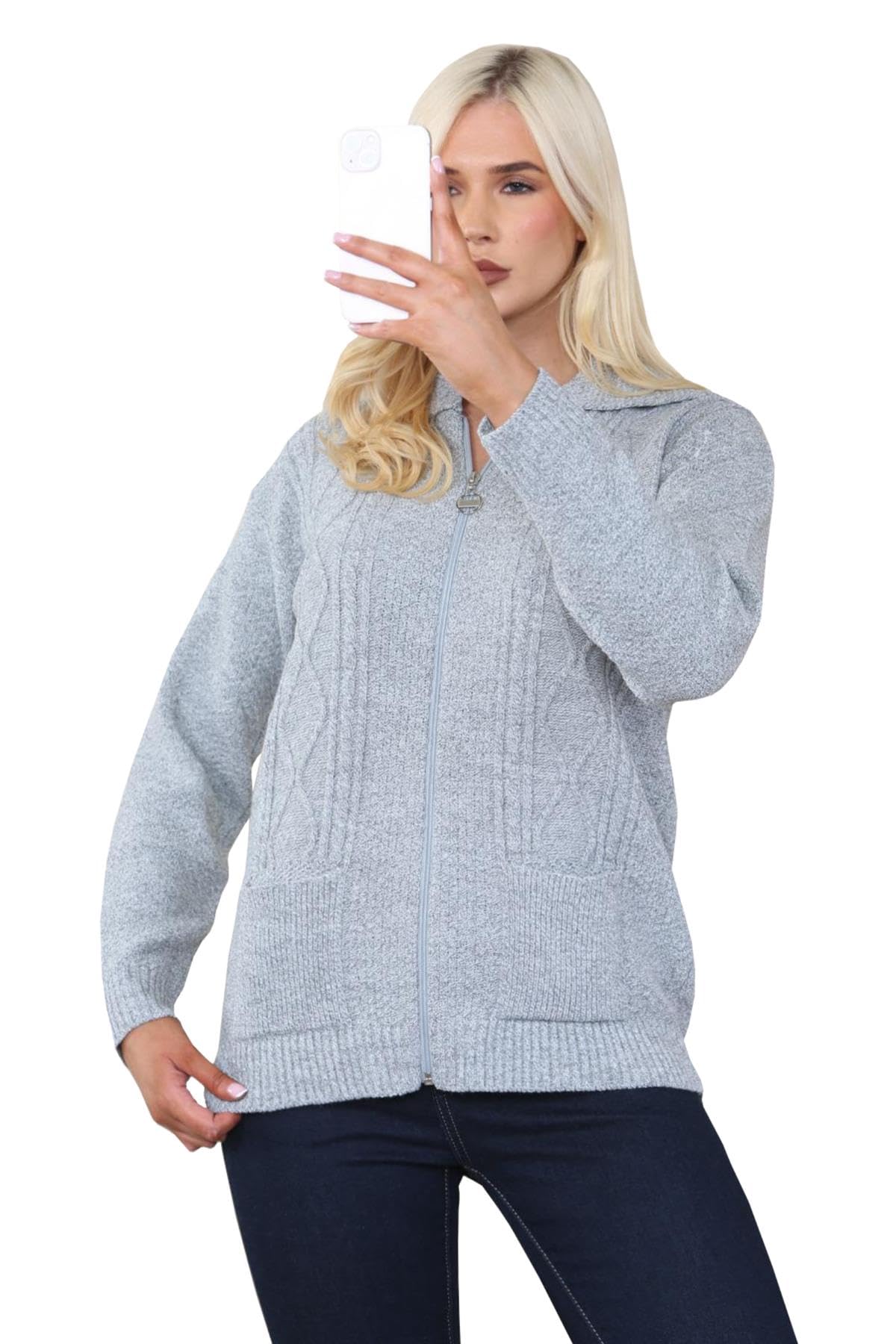 WICKEDFASHIONS123 Women’s Cable Knitted Collared Sweater Front Pocketed Ladies Cardigan Long Sleeves Winter Wear Zipper Cardigan Classy Knitwear Plus Size Sweater Silver Grey UK 20-22