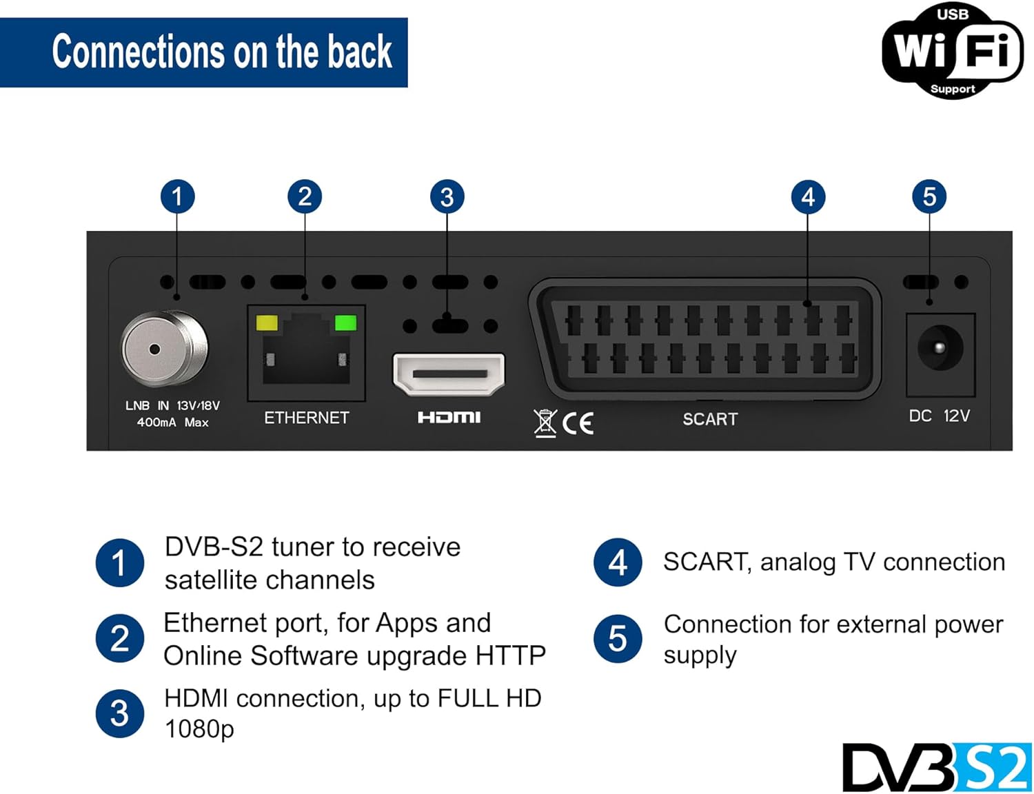 Diagram of the EDISION Proton S2 Plus back panel connections with numbered labels.