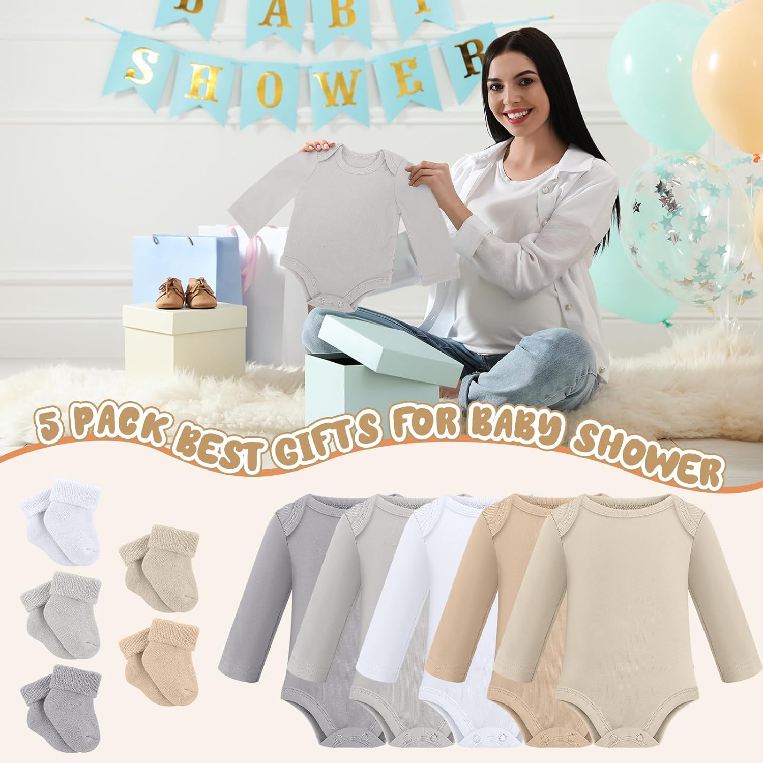 Glitopper 5 Pack Preemie Long Sleeve Bodysuit Preemie Layette Set Bodysuit Socks Set for Boys Girls NICU Gift