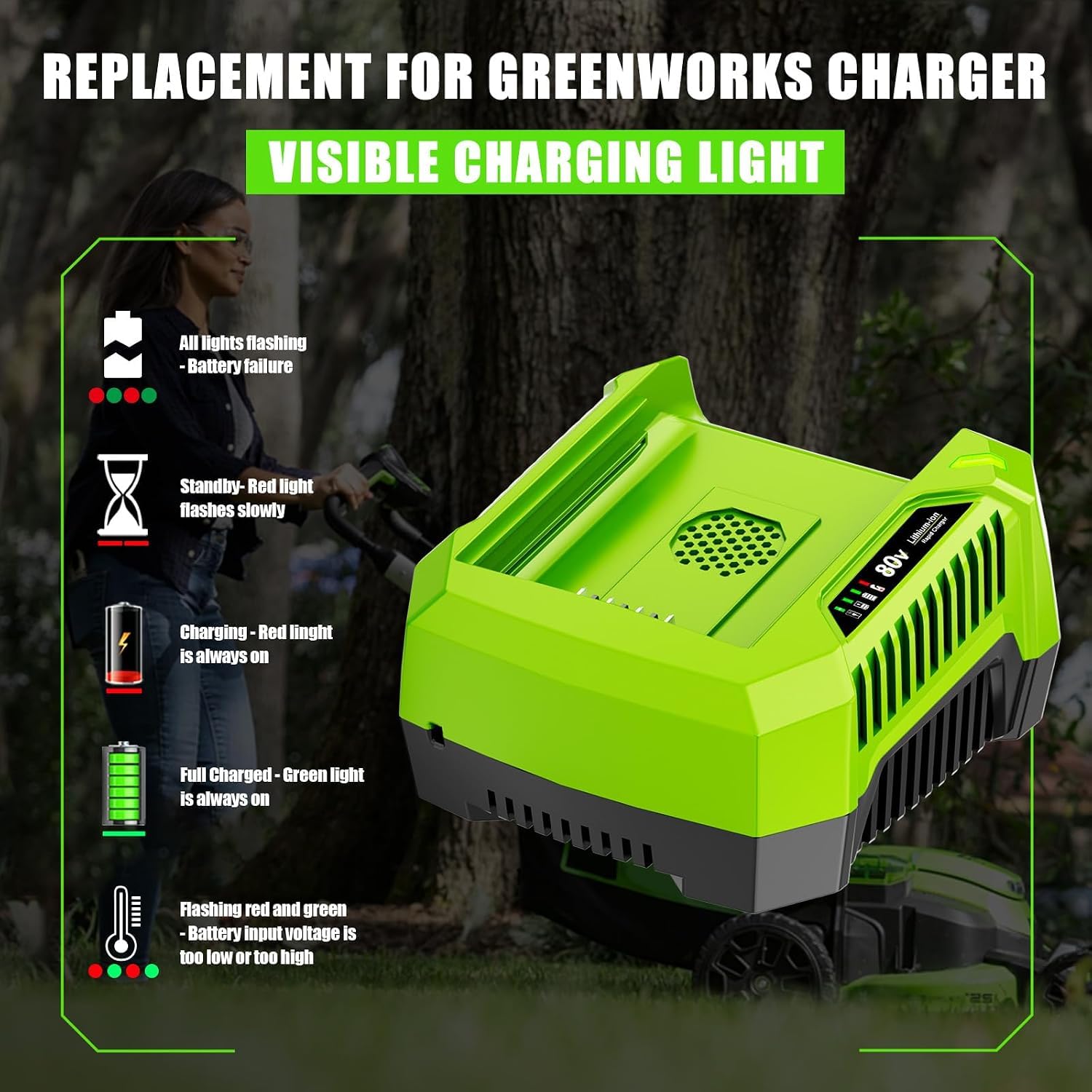 Greenworks 80V - Cargador (Corriente Alterna, 4,2 A, 0,75 H, 1,25 H, 1,6Kg, Negro, Verde)