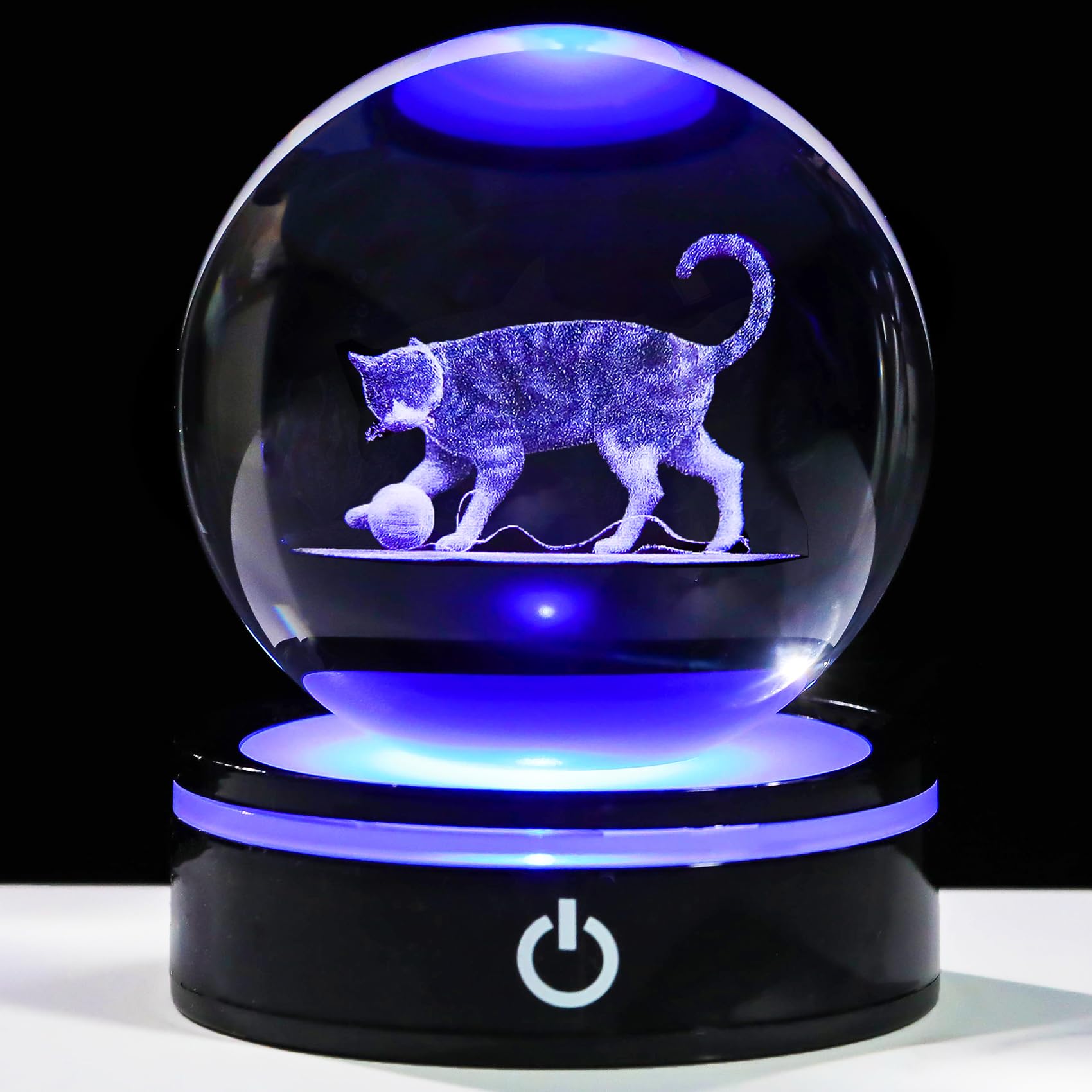 YWHL 3D Cat Figurine Crystal Ball with Colorful LED Base, Laser Engraved Cat Gifts for Women Men for Christmas Birthday, Cats Statue Glass Animal Decorative Ball for Home Decor (80mm)