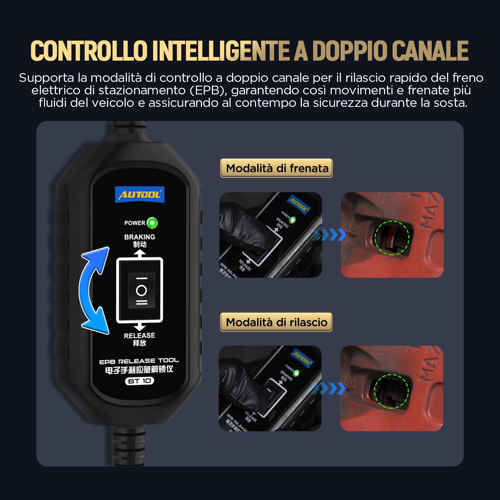 AUTOOL BT10 EPB - Strumento di rilascio del freno a doppio canale e controllo di retromarcia per rilascio e ripristino elettronico del freno di stazionamento, salvataggio stradale di emergenza