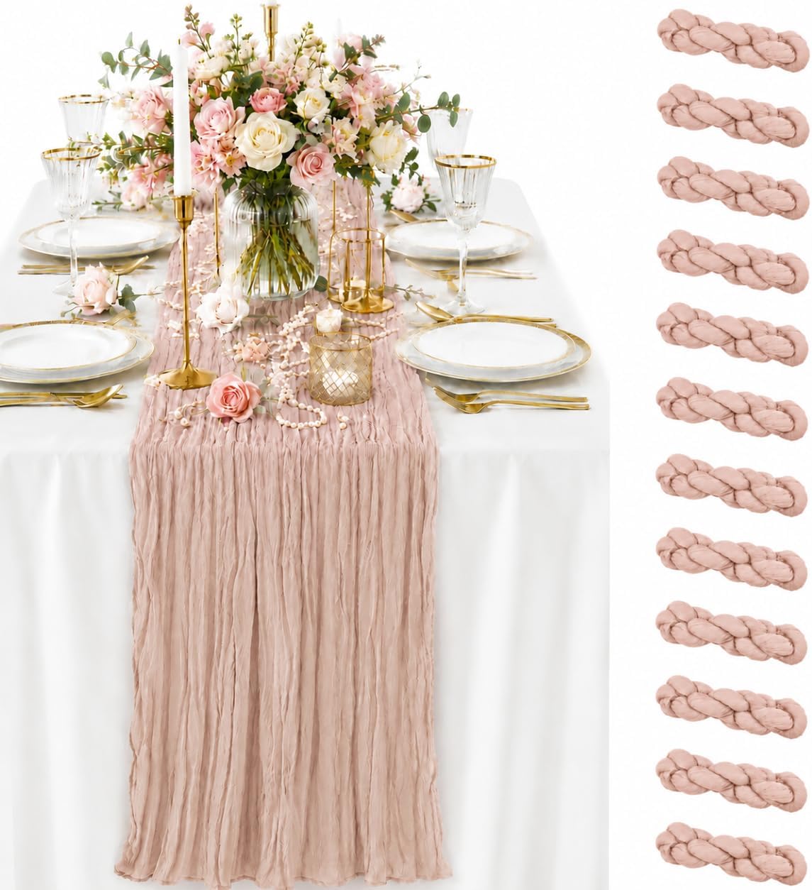 12 Pack Dusty Pink Cheesecloth Table Runners, 35 x 120 Inch Boho Gauze Table Runner, Soft Sheer Rustic Fabric Runner for Wedding Reception, Bridal Shower, Baby Shower, Farmhouse Table Decor