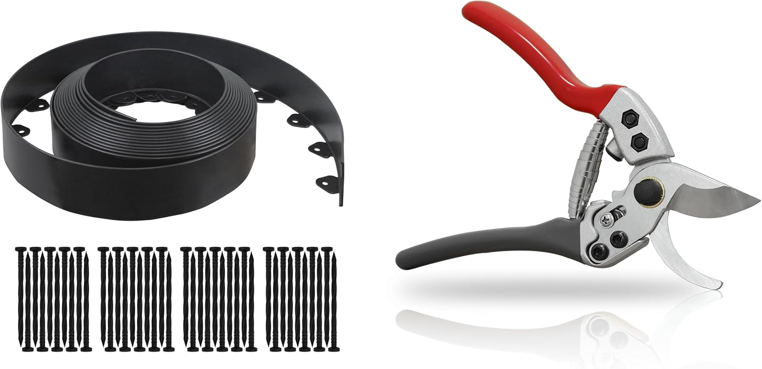 Gardzen No Dig Edging & Pruning Shear Bundle: 40-Foot Long 3-Inch Tall Landscape Border Kit with 40 Spikes & 8" SK5 Steel Bypass Pruner with Blade Lock for Garden Borders and Plant Maintenance