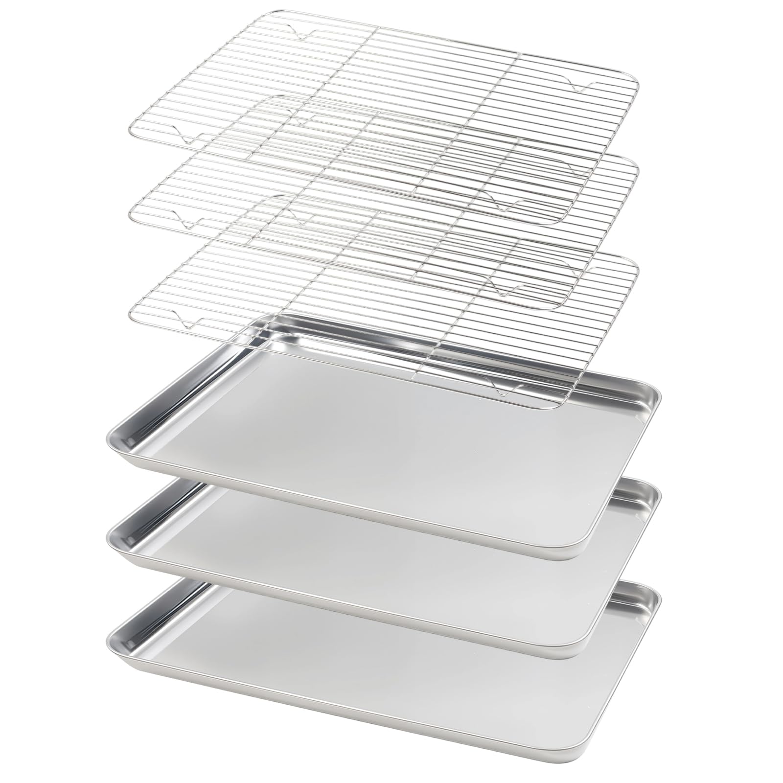 Stainless Steel Baking Tray with Rack Set (3 Sheets + 3 Racks), Food Safe Material for Baking, Grilling, Cooling, Draining, Easy to Clean & Long Service Life (40.5 * 30.5 * 2.8cm)