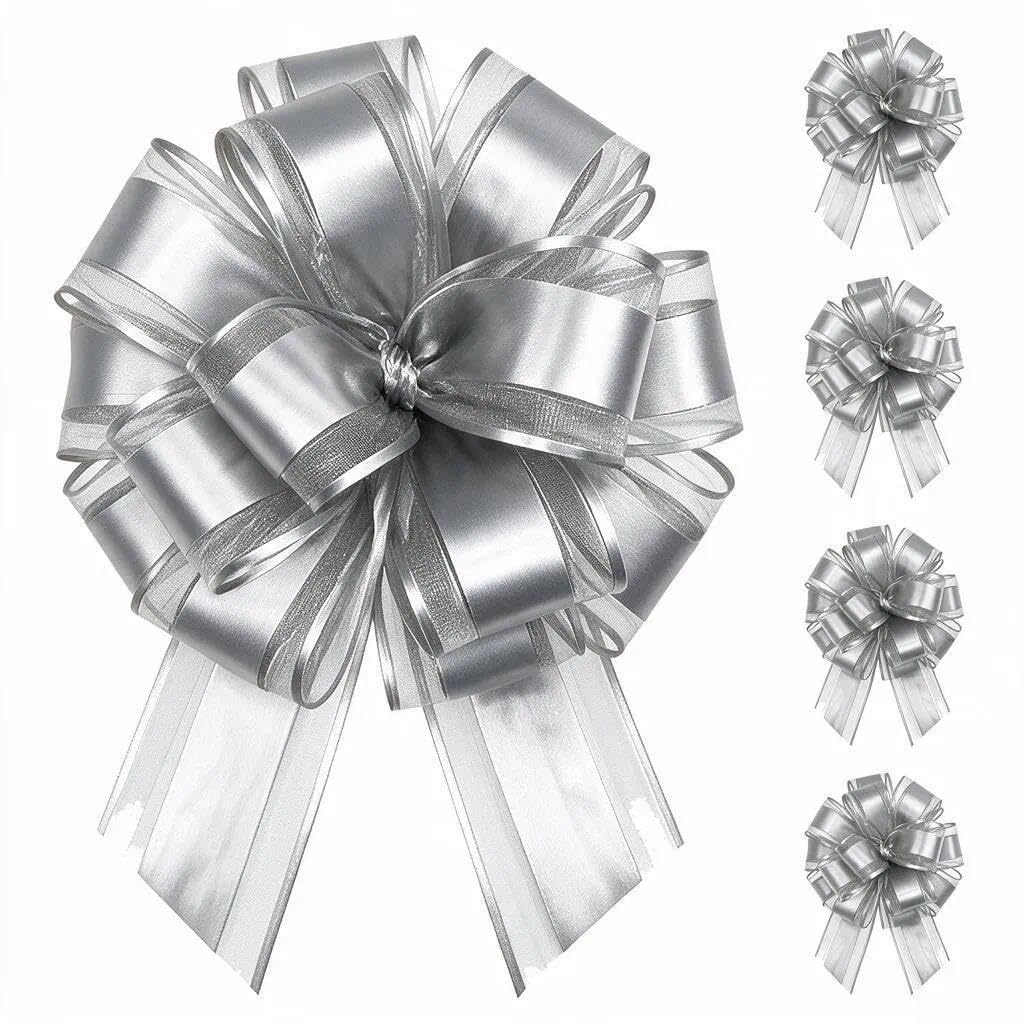HUANYO 5-Piece Giant Car Bow Kit (70 inch/180 cm), Large Wedding Car Ribbon for Prom, New Car Gift, Huge Present Wrapping Bows for Party Decoration (silvery) — image 1