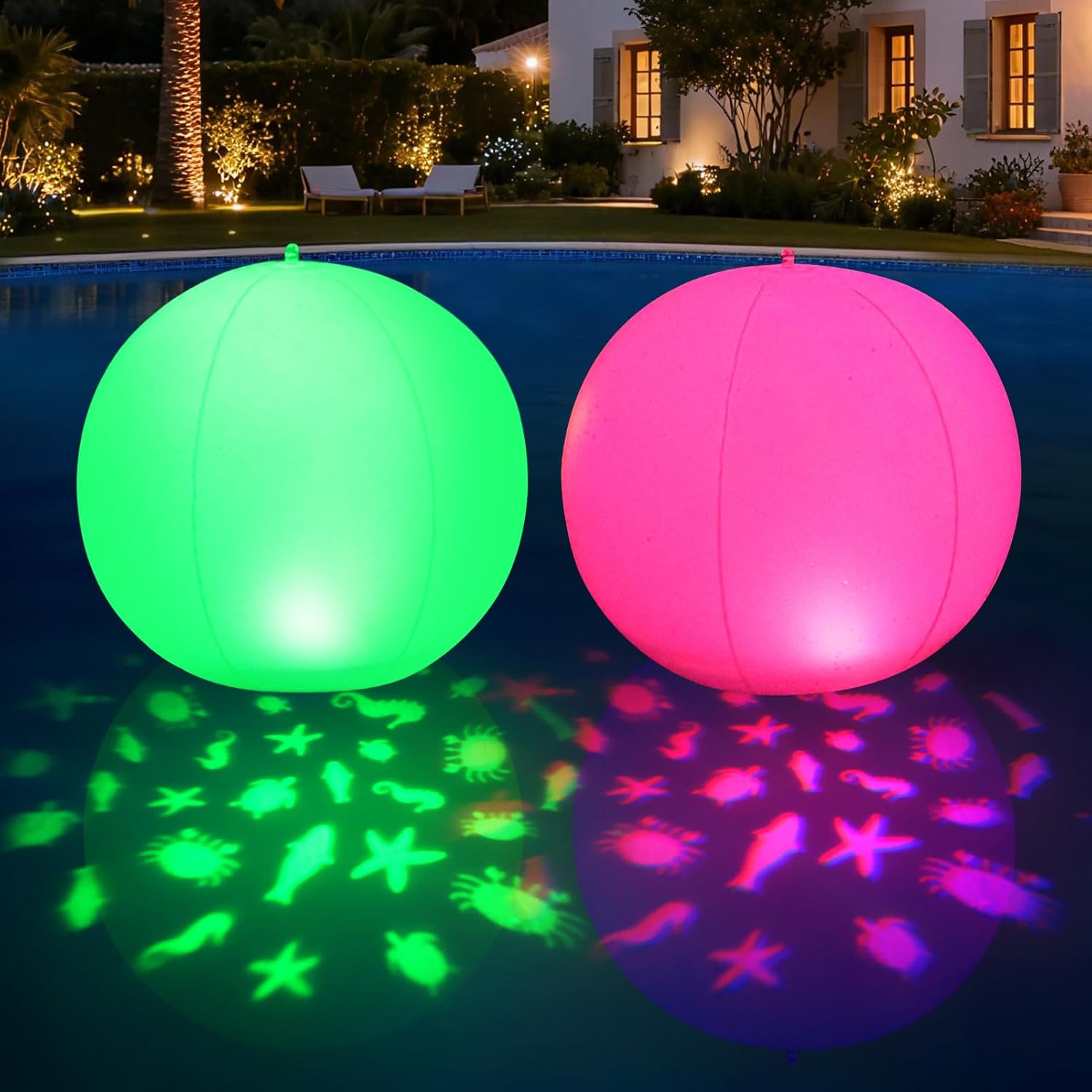 Floating Pool Lights, 15" Solar Pool Lights that Float w/Sealife Pattern, Upper & Lower LED Color Changing Solar Floating Light IP68 Waterproof, Float/Hang for Pools Wedding Party Decor(2)
