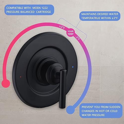 Miniatura 5 de Molde de ducha y bañera de equilibrio de presión para Moen, cabezales de ducha tipo lluvia de 8 pulgadas con rótula de latón ajustable, negro mate