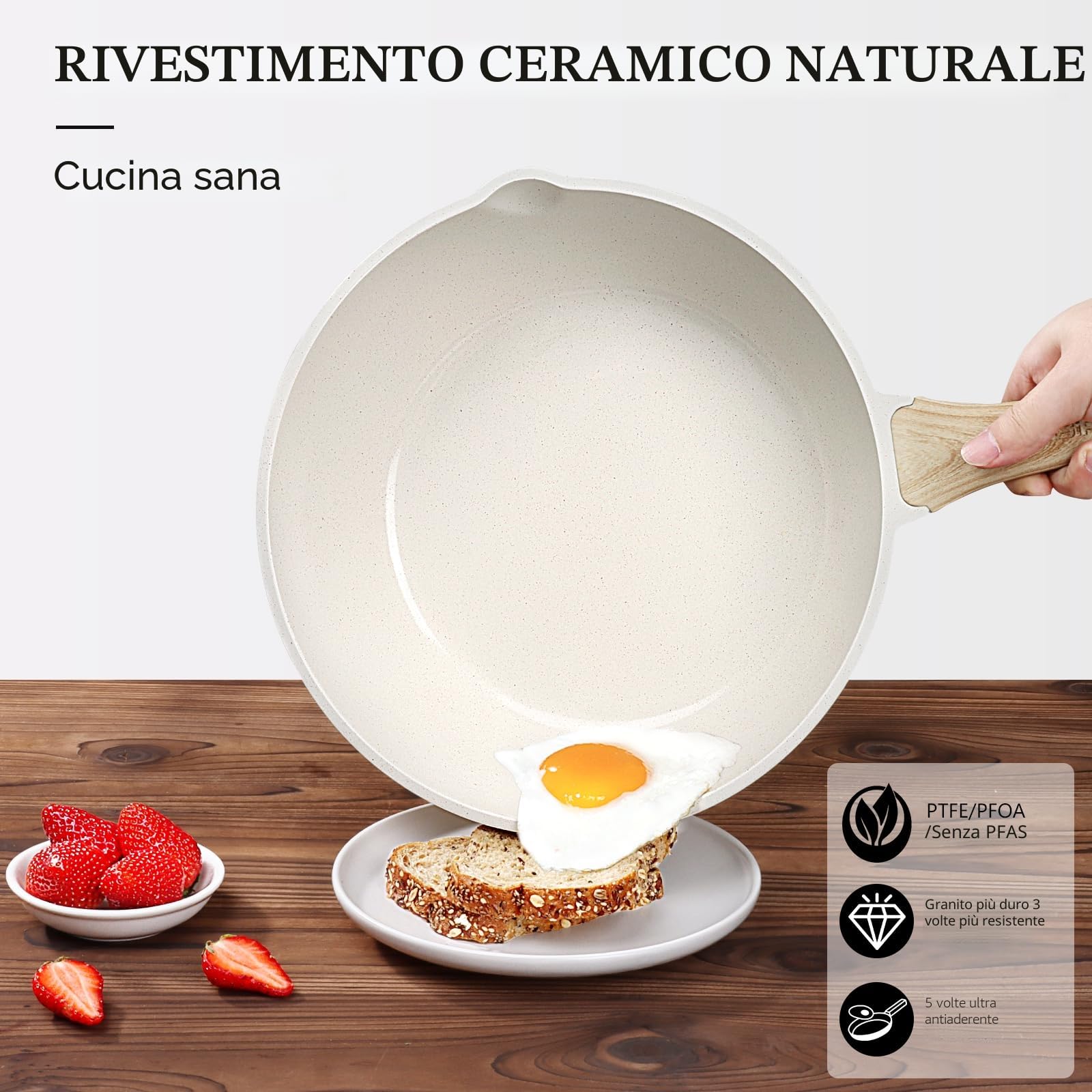 GiPP Padella Antiaderente Padella In Granito Da 4,3 L Con Coperchio, Beccuccio E Manico Raffreddato, Padell Antiaderente Non Tossica, Pentola Per Induzione, Senza Pfoa (Bianco, 28cm)
