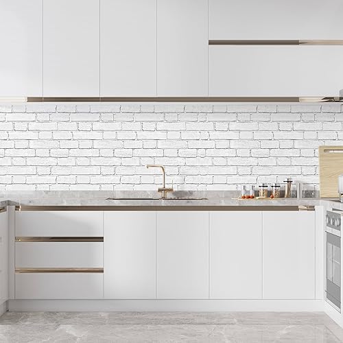Miniatura 7 de Oxdigi Papel tapiz autoadhesivo con patrón de ladrillo, 17.7 x 393 pulgadas (48.4 pies cuadrados), ladrillo blanco y gris, película autoadhesiva de