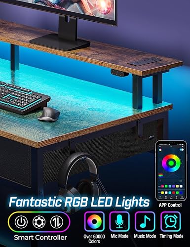 Miniatura 21 de Rolanstar Escritorio para computadora con tomas de corriente y luz LED, escritorio de oficina en casa de 55 pulgadas con 3 cajones y estantes de