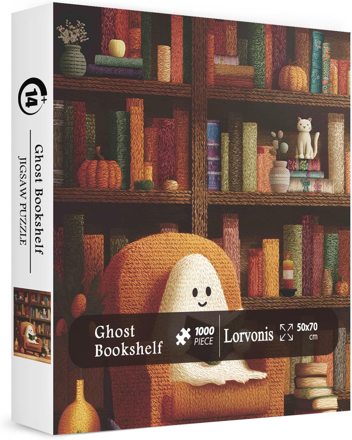 Cozy Bookshelf Ghost Puzzles for Adults 1000 Pieces. Cute Halloween Patchwork Jigsaw Puzzles. Challenging Book,Pumpkin,Cat Art Puzzles
