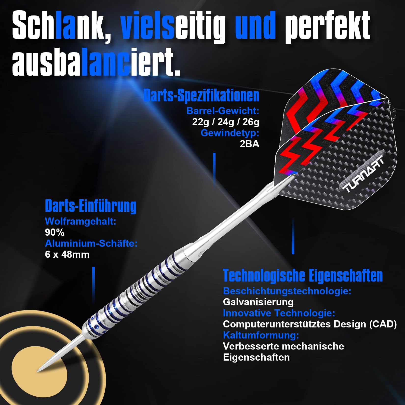 Turnart Dartpijlen metalen punt 90% wolfraam 3 stuks 22,24,26 gram Turnart Dartpijlen metalen punt 90% wolfraam 3 stuks 22,24,26 gram