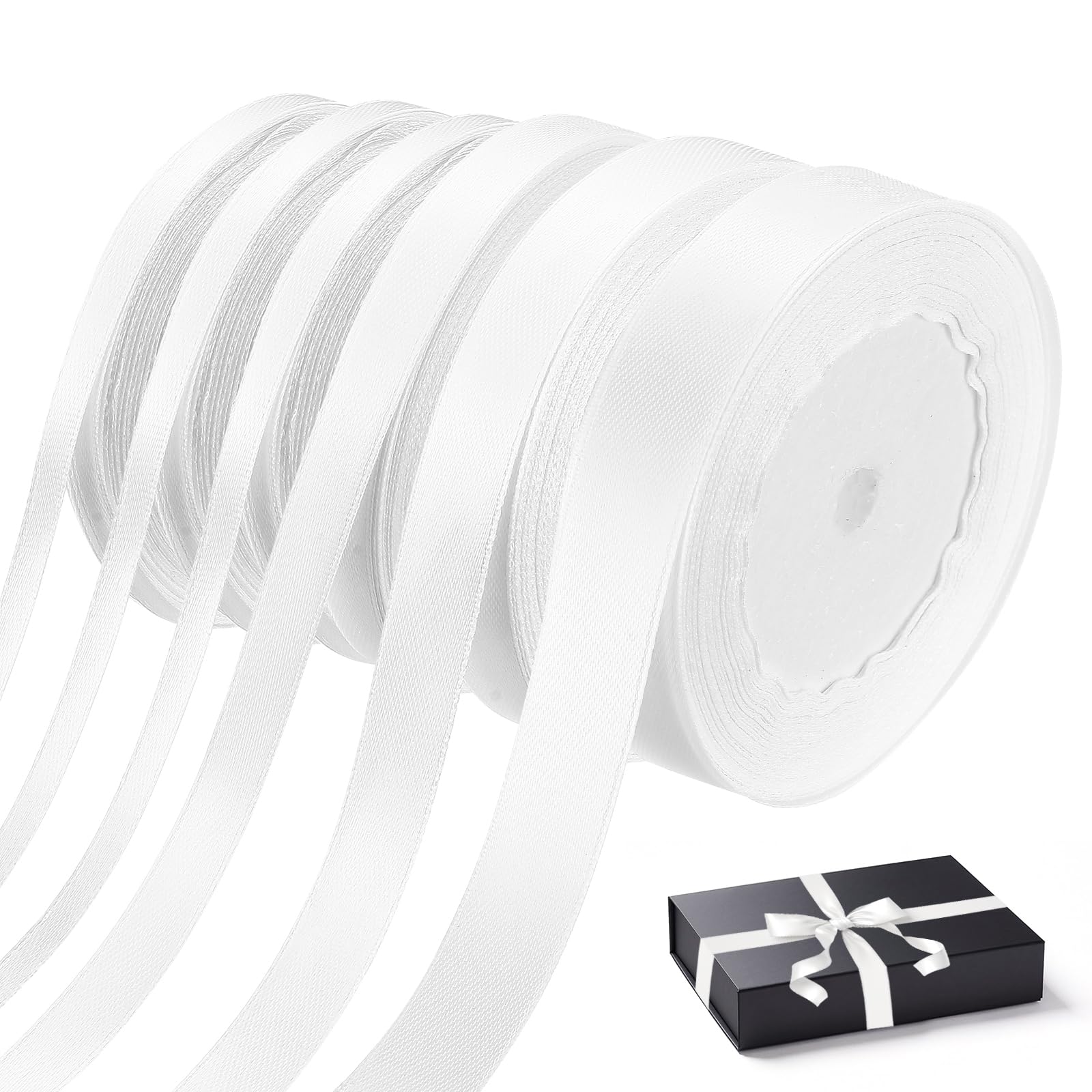 6 Rolls White Satin Ribbons, 6/10/15/20mm x 22m Thin White Ribbon for Gift Wrapping Balloon Curling Crafting DIY Bows Cake Birthday Party Wedding Decorations Ribbons