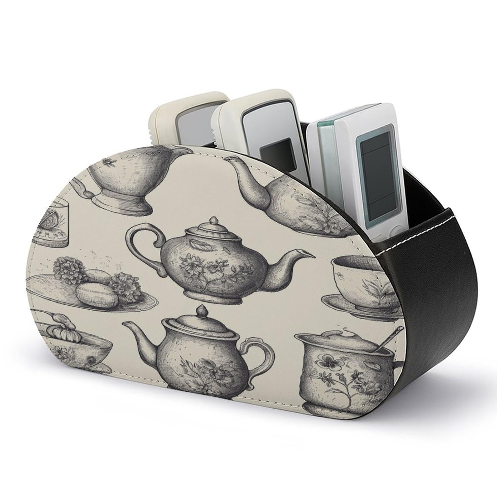 VstaDank Hand Drawn Teapots And Cups Remote Control Holder with 5 Compartments PU Leather Remote Caddy Desktop Organizer Store TV Remote Control Storage Box for Home Office Desk Nightstand