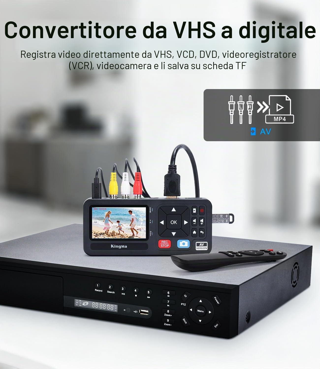 King Ma Digitalizzatore video 3" 1080P 30FPS VHS RCA VCR DVD Hi8 videocamere giochi TF SD USB