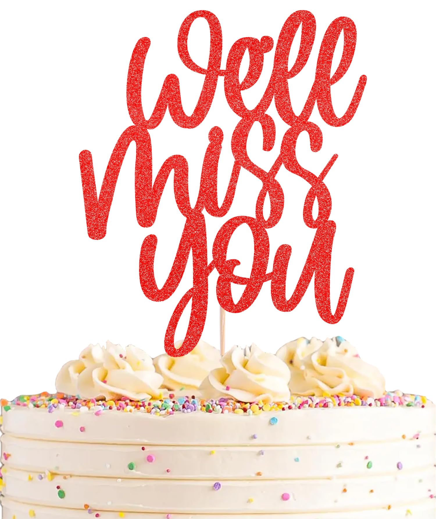 AHAORAY We Will Miss You Cake Topper - Red Glitter Farewell Cake Decoration Supplies for Retirement or Graduation Party - Friends and Relatives Going Away Party Cake Decor