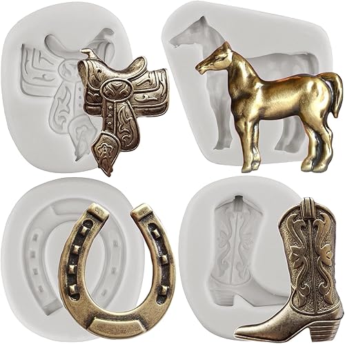 MINFEIDMS Moldes de silicona para caballo, moldes de herradura, moldes de fondant, moldes para botas de vaquero, molde de sillín para decoración de