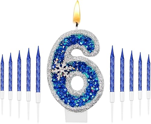 Miniatura 10 de Velas de cumpleaños grandes de 2.95 pulgadas, copos de nieve con diamantes azules, decoración de tartas de copo de nieve, velas numéricas para