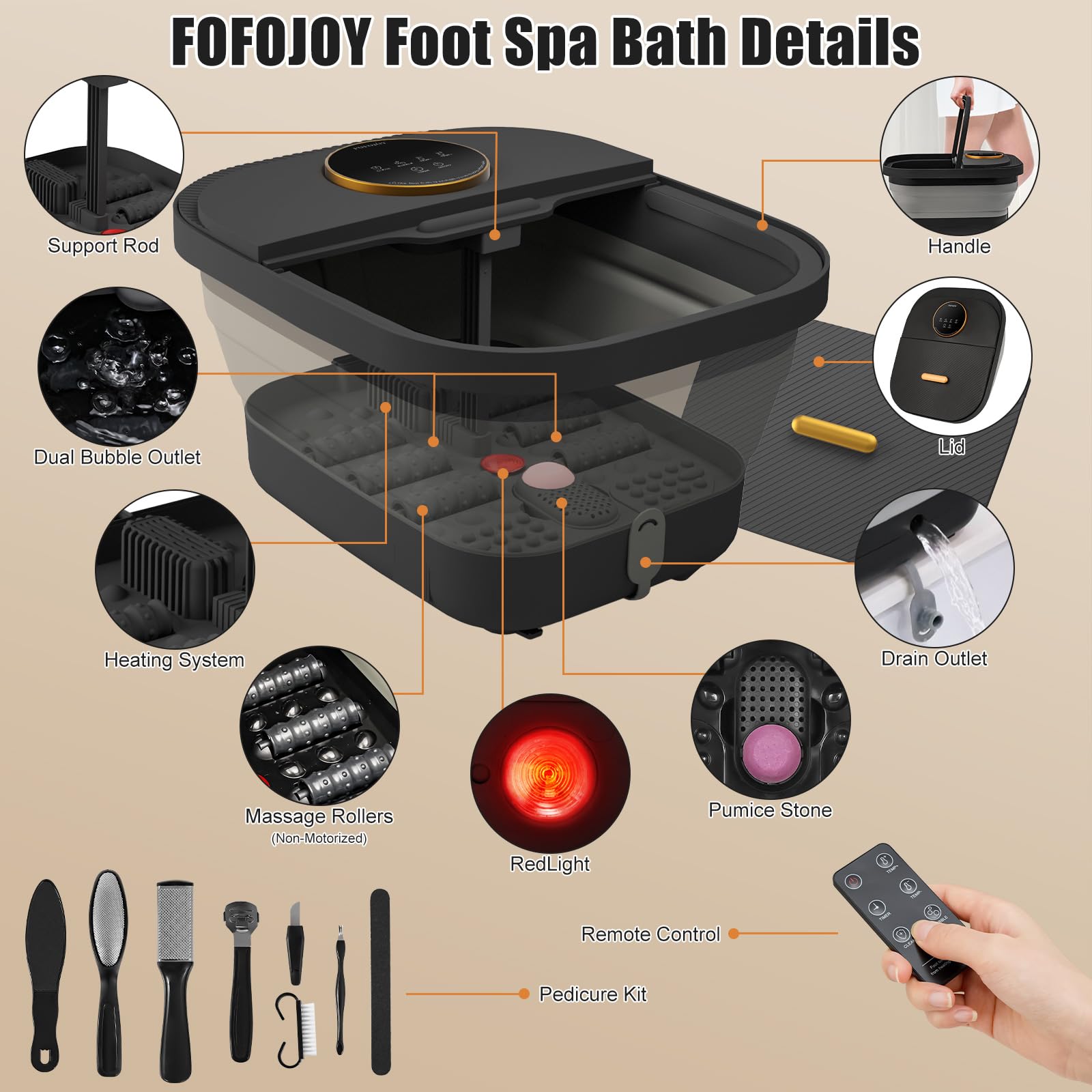 Baño de spa plegable para pies con calor y masajeador, burbujas, control de temperatura, control remoto, pantalla táctil, piedra pómez, spa de pies de pedicura para relajación, regalo para mujeres y