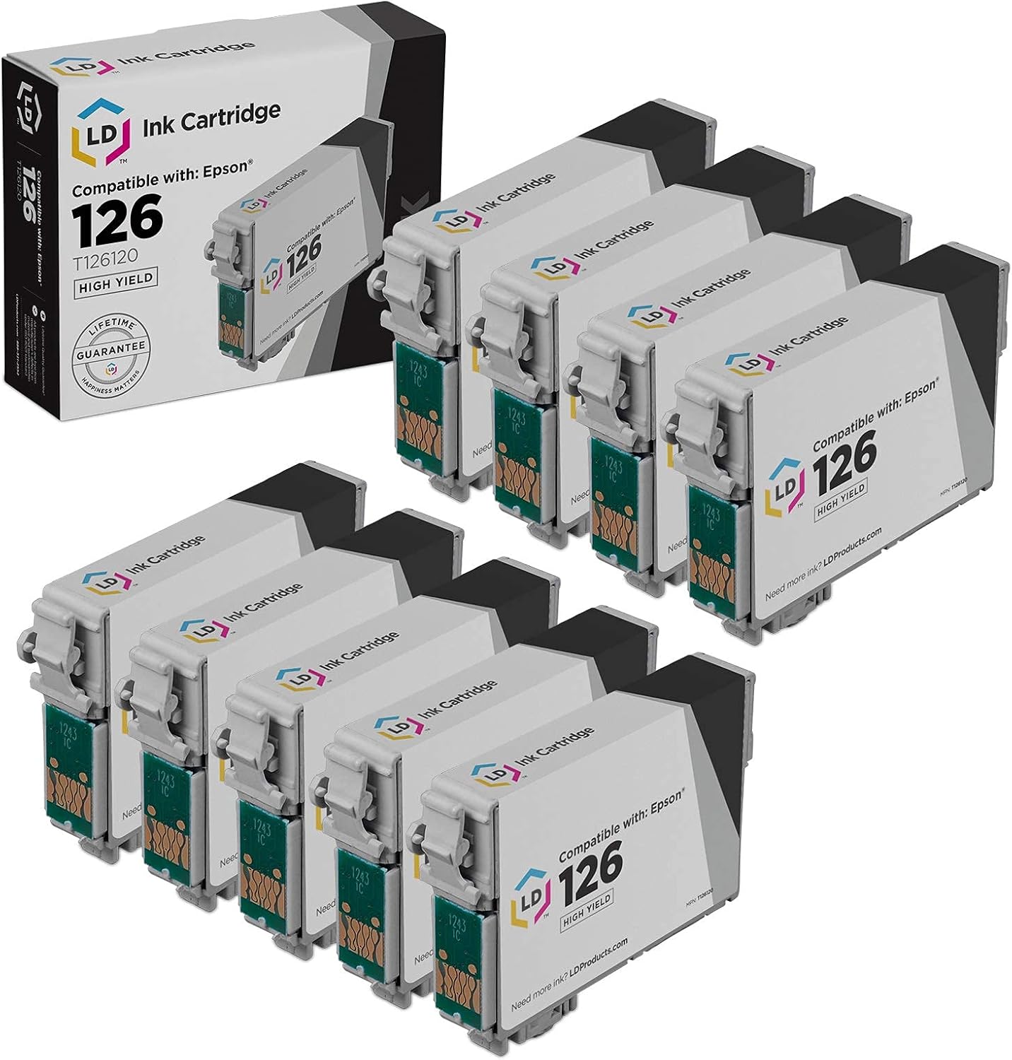 LD Products Remanufactured Replacement for Epson 126 Ink Cartridges T126120 T126 High Yield (Black, 9-Pack) for use in Workforce 435 520 635 645 WF-3520 WF-3530 WF-3540 WF-7010 WF-7510