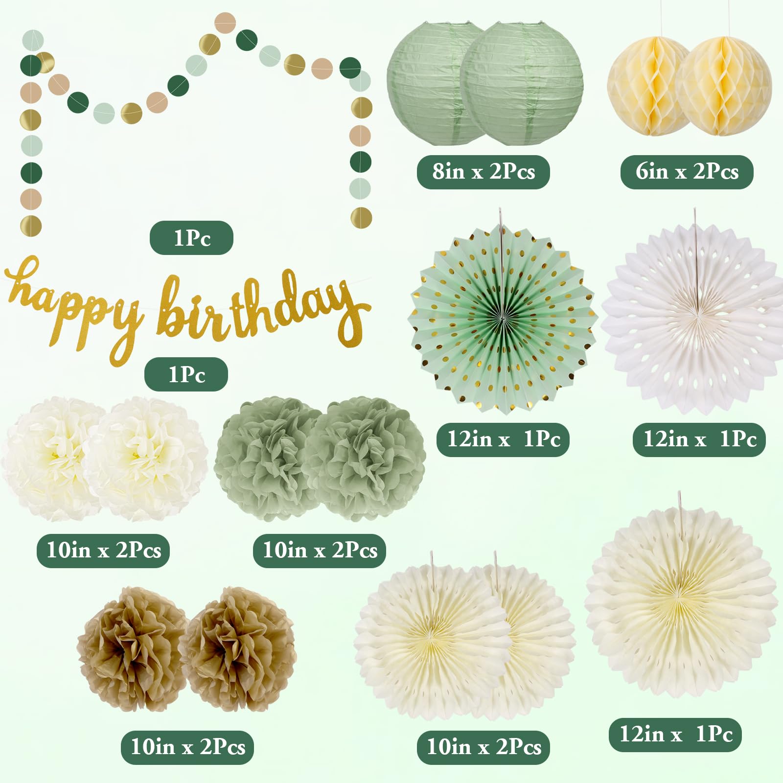 Paper Decorations for Party Happy Bithday Banner for Any Age Paper Fan Flower Decorations White Gold Green Beige Paper Pom Poms - Image 2