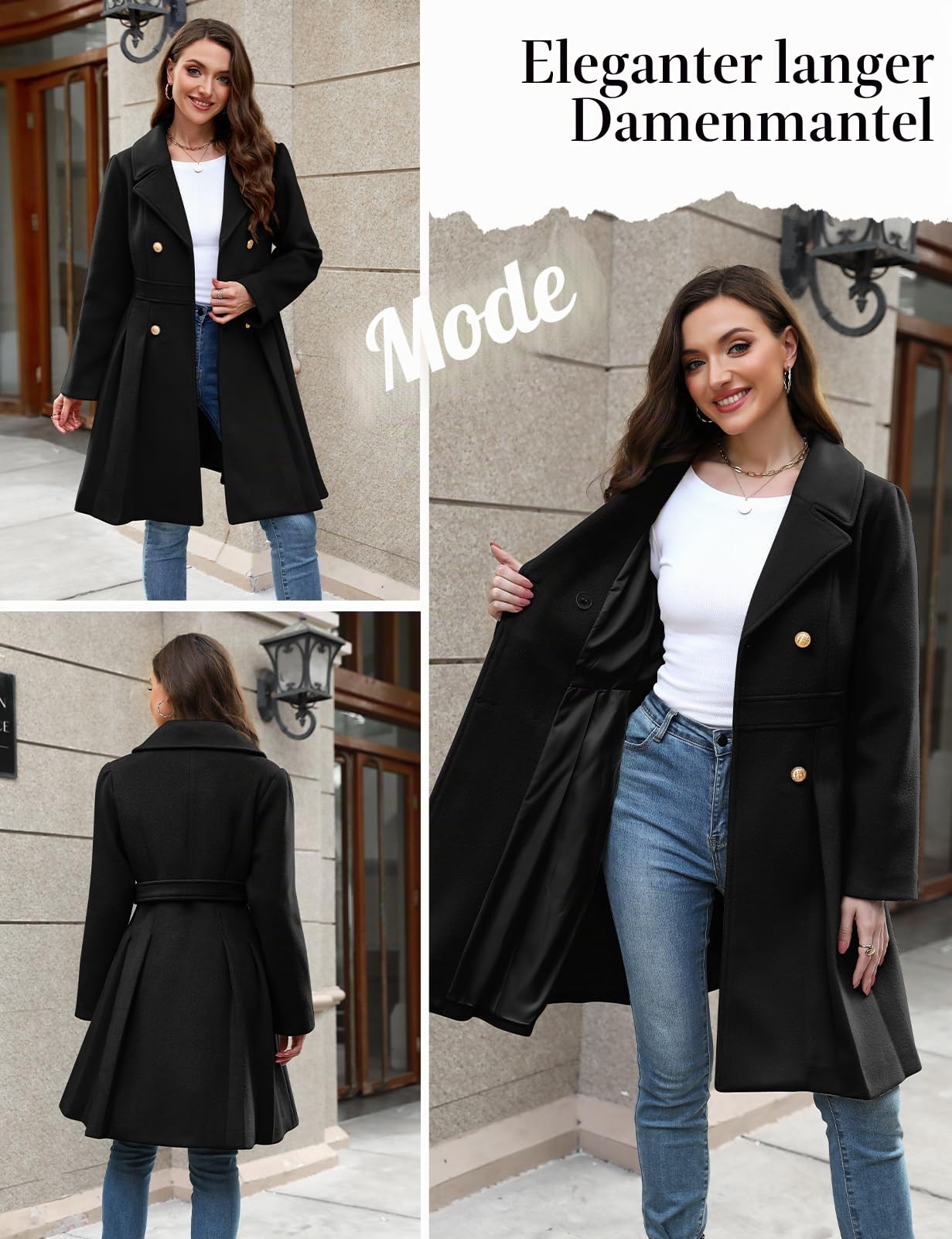 Vancavoo Damen Mantel Wintercoat Elegant Wollmantel Lang Winterjacke Revers Zweireihiger Coat Knielang Trenchcoat Winter A-Linie Jacke Outwear