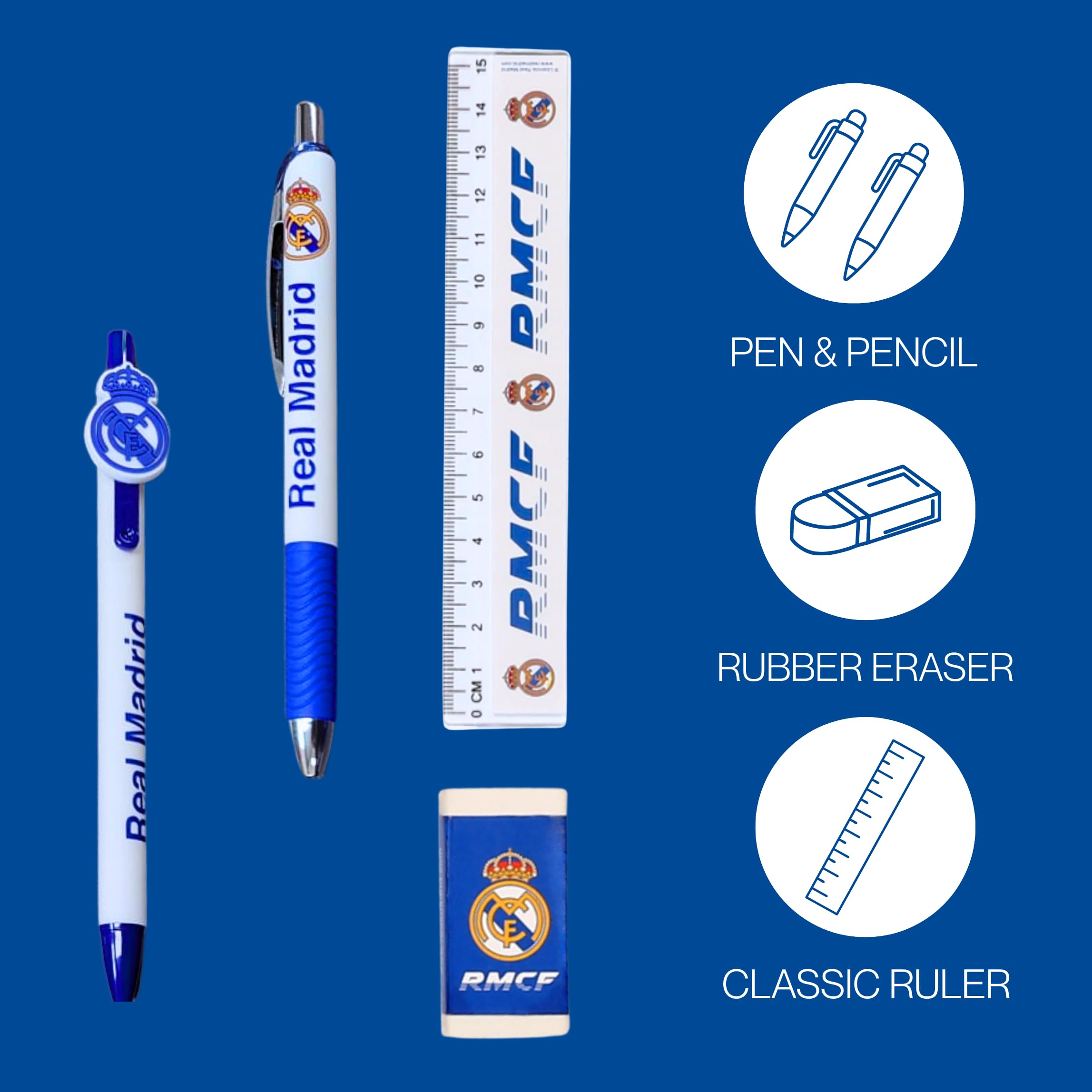 CF REAL MADRID Juego de Papelería para Niños, Incluye Cuaderno Boligrafos Regla Borrador y Botella Cantimplora 650ml, Regalo para Niños